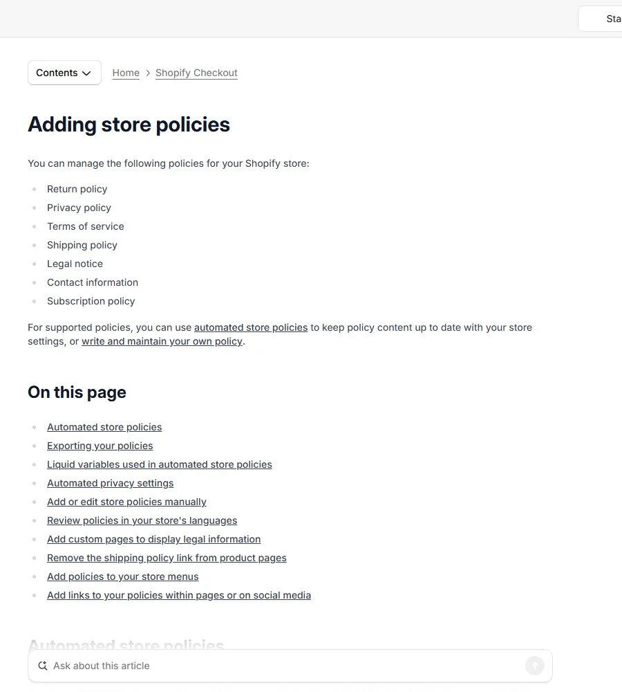 Shopify help center page on adding store policies such as return, privacy and shipping policies