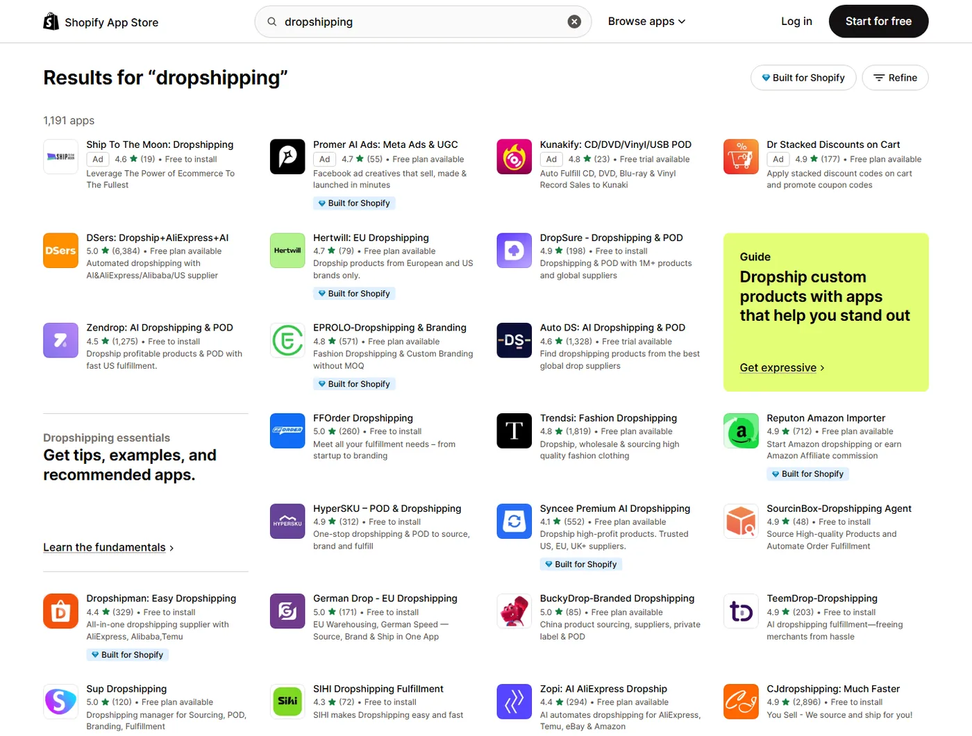 Shopify App Store search results for dropshipping apps