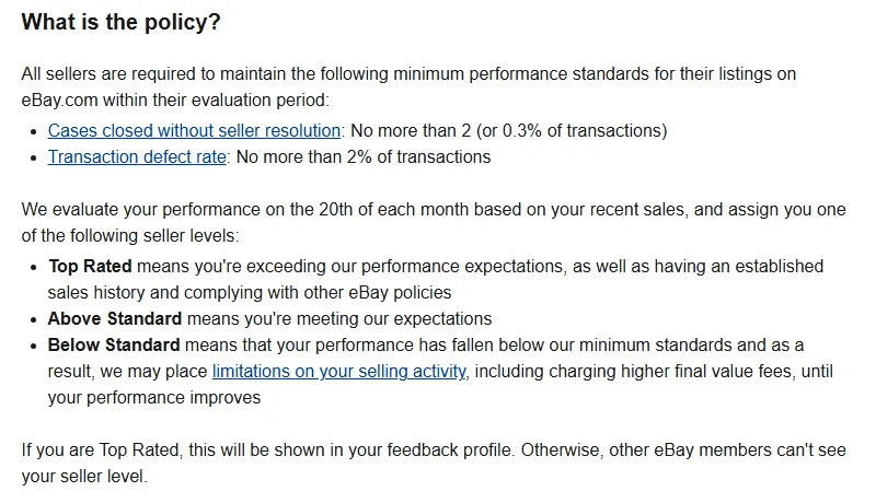 eBay seller standards policy showing minimum transaction defect rate and seller levels checked in eBay Seller Hub