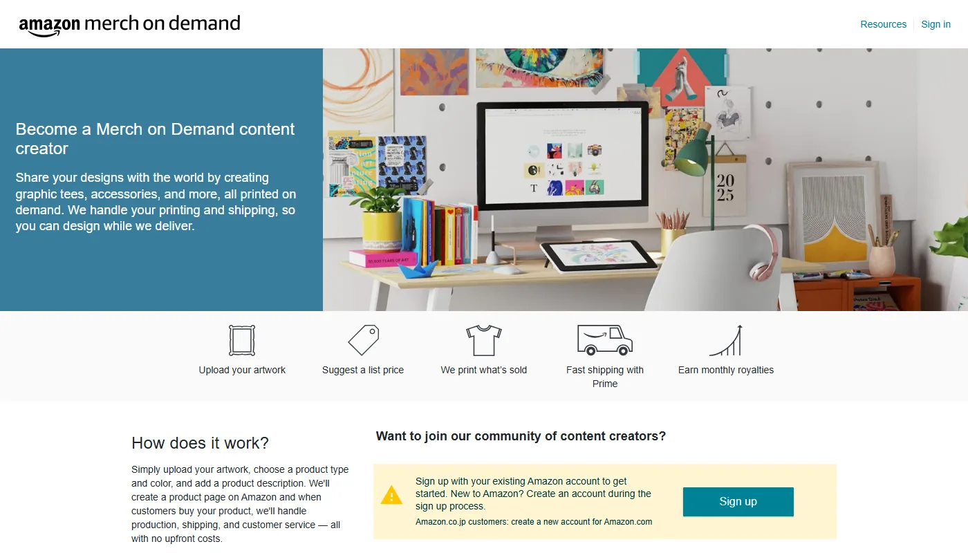 Amazon Merch on Demand landing page, a way to sell on Amazon with no upfront costs