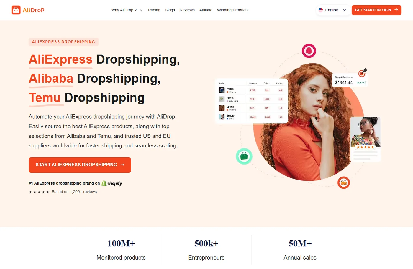 AliDrop homepage, an AliExpress dropshipping app for Shopify that helps sellers use AliExpress safely
