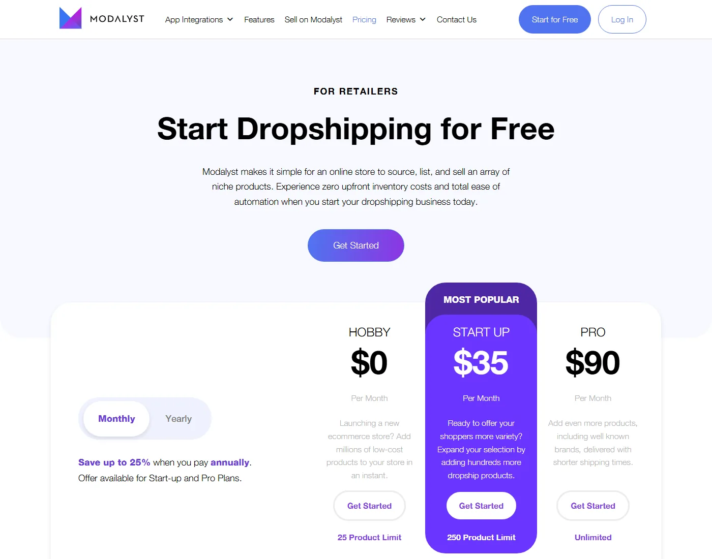 Modalyst pricing plans Hobby, Start Up and Pro as an Oberlo alternative