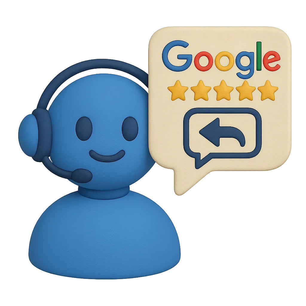 Blue customer support avatar with headset and speech bubble showing Google logo with five gold stars and a reply arrow icon.