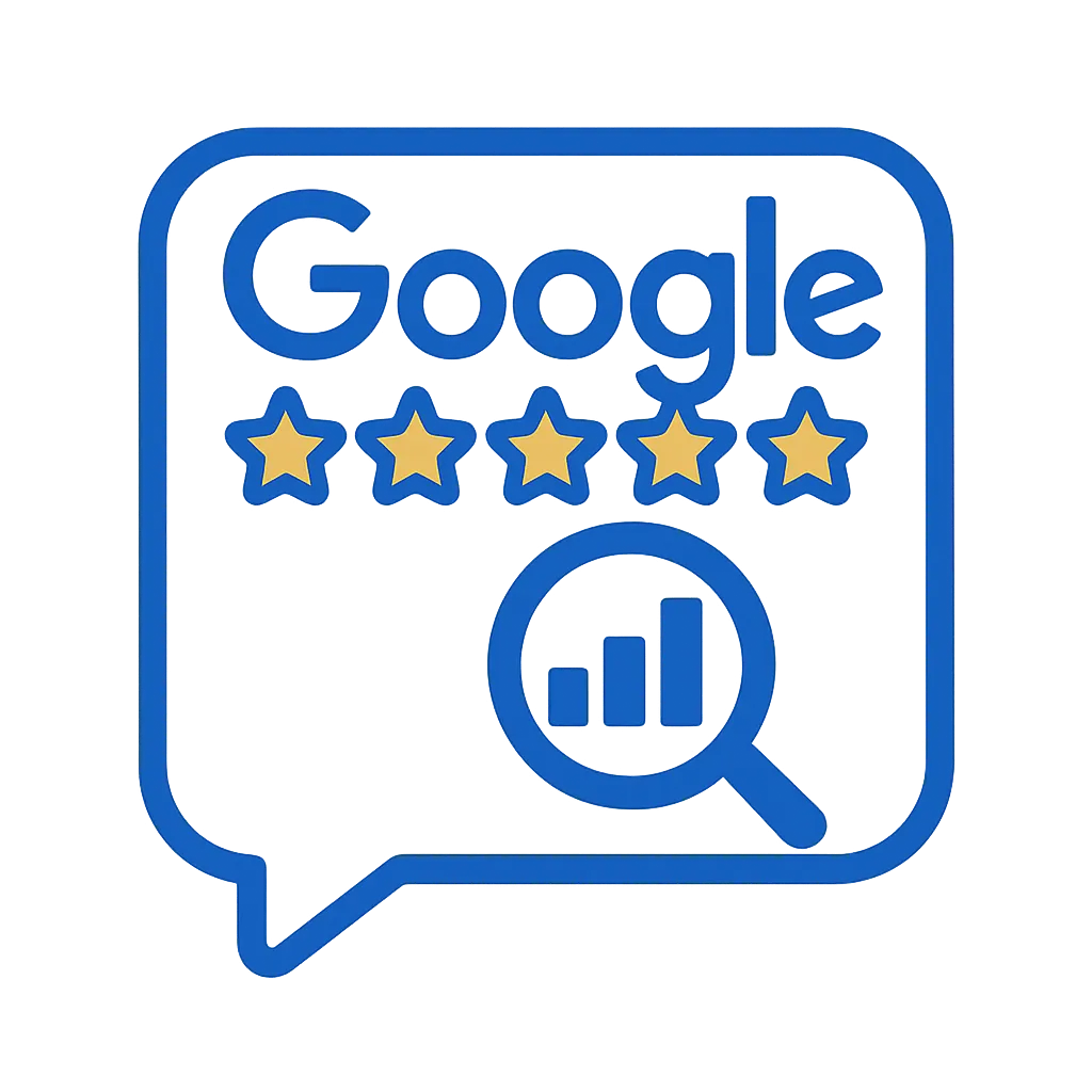 Blue speech bubble with the word Google, five yellow stars, and a magnifying glass showing a bar graph.