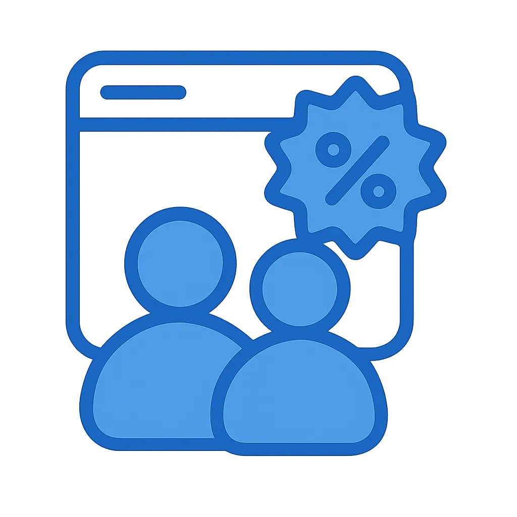 Icon of two user figures in front of a web browser window with a percentage discount badge.