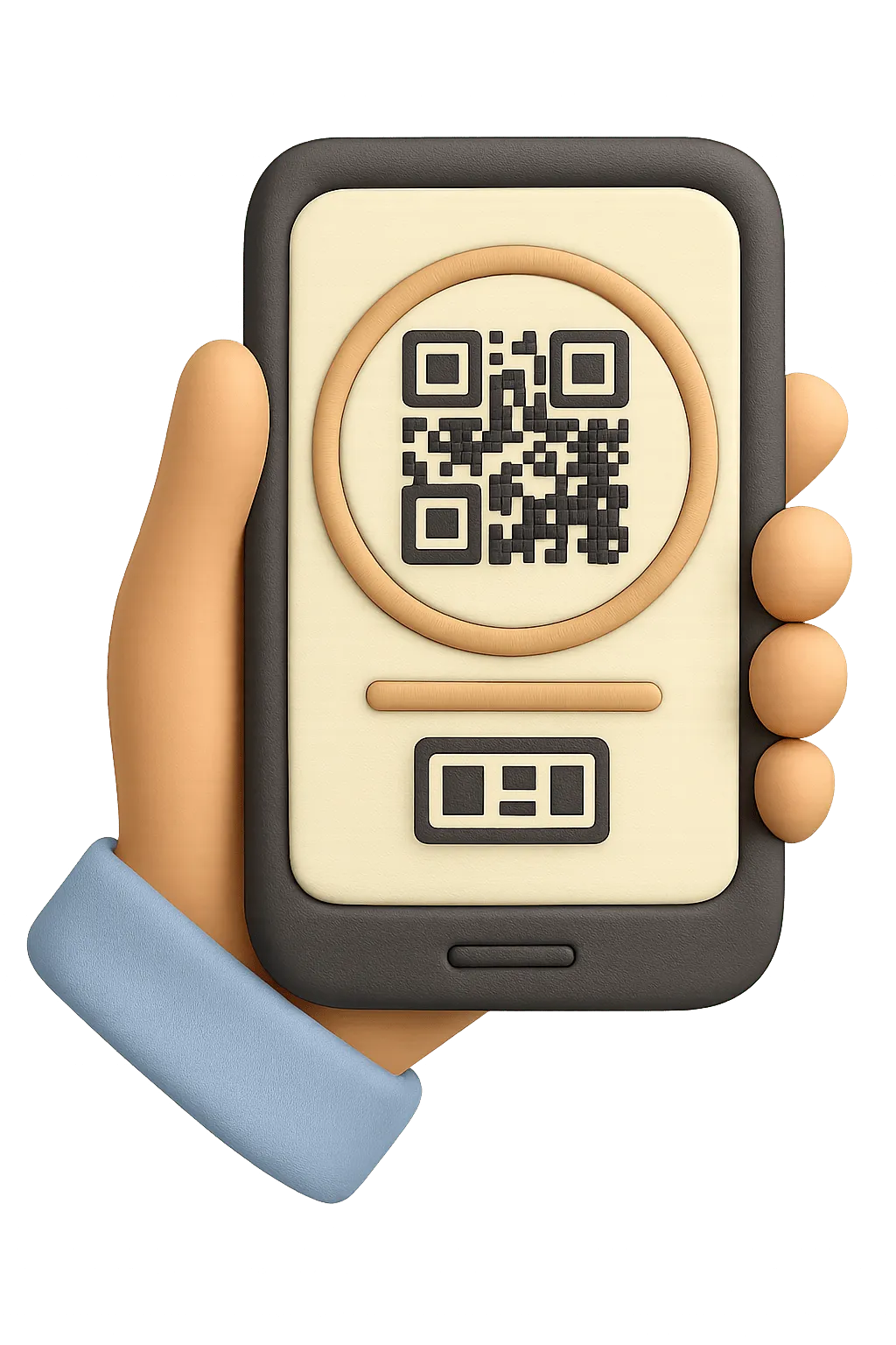 3D illustration of a hand holding a smartphone displaying a QR code on the screen.
