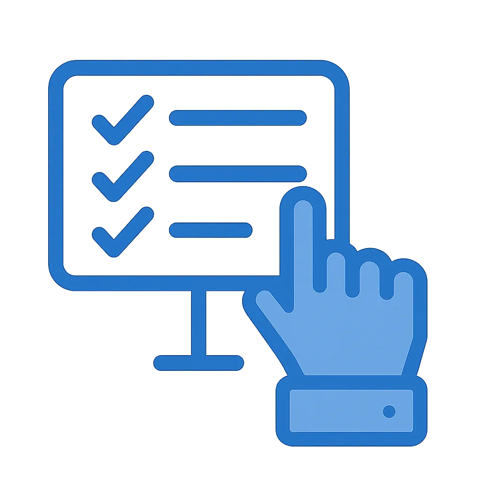 Blue icon of a hand pointing at a checklist displayed on a computer monitor.