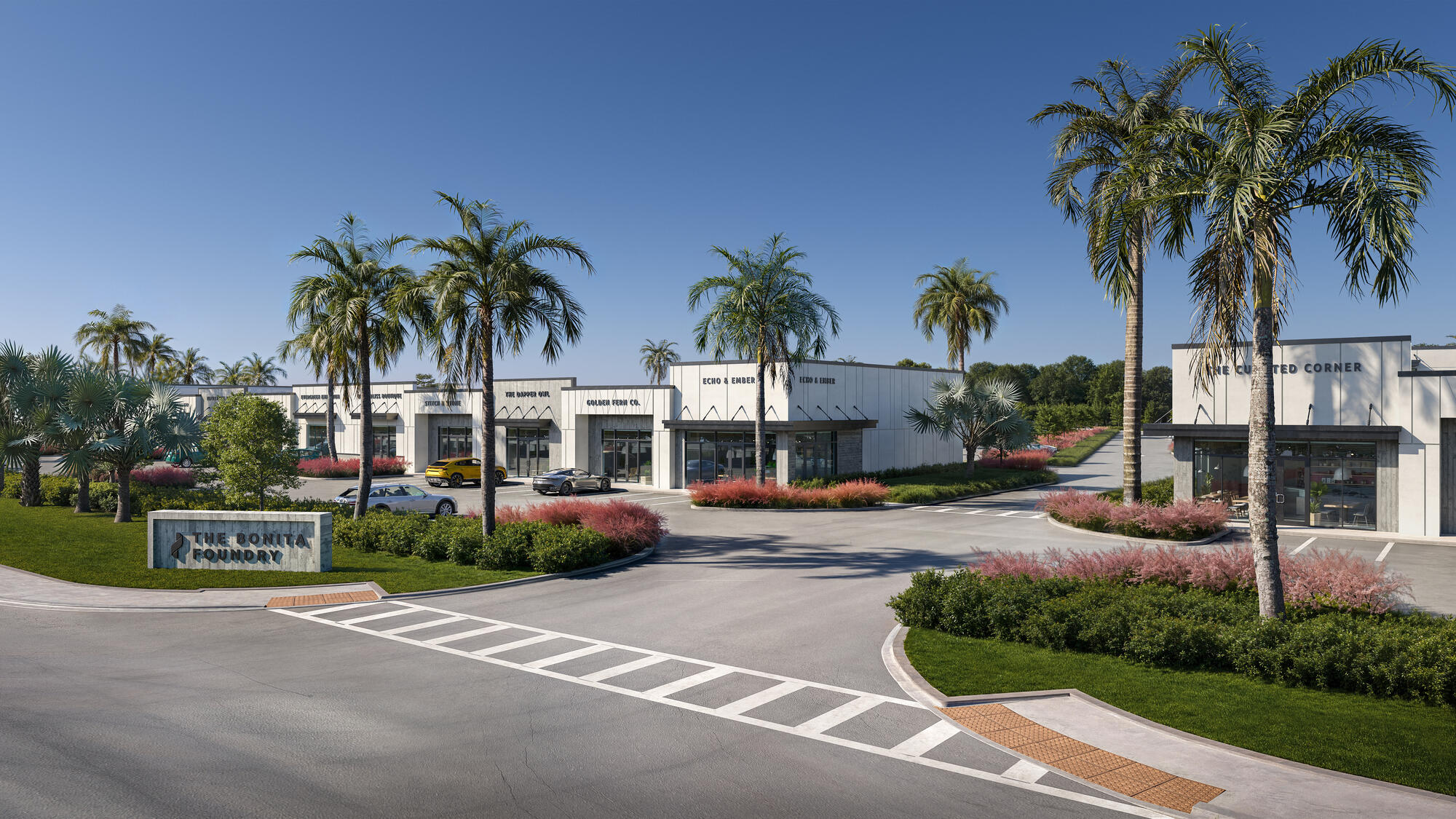 The Bonita Foundry exterior entry rendering, Forager Real Estate Partners — Bonita Springs, FL