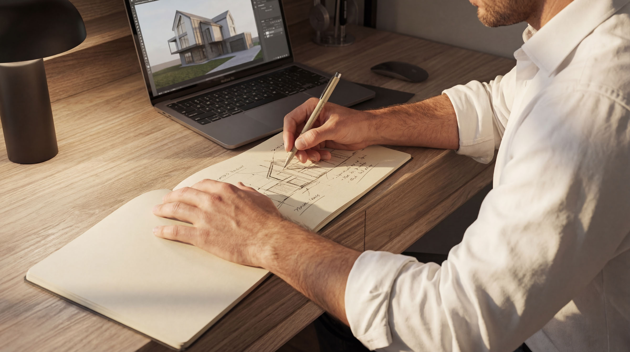 Person sketching at a desk beside a laptop showing residential design.