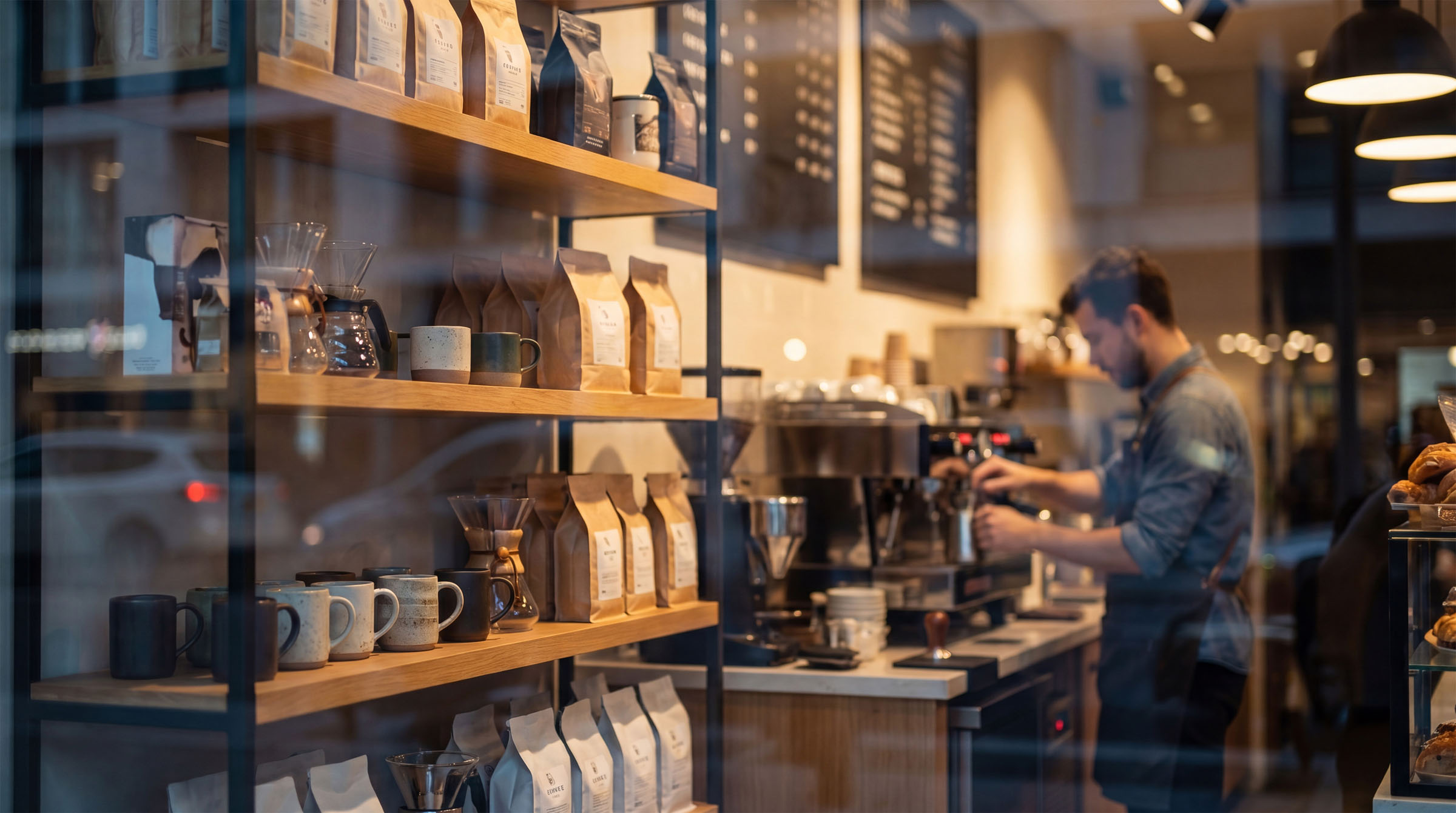 Coffee shop counter with shelves and a barista behind glass.