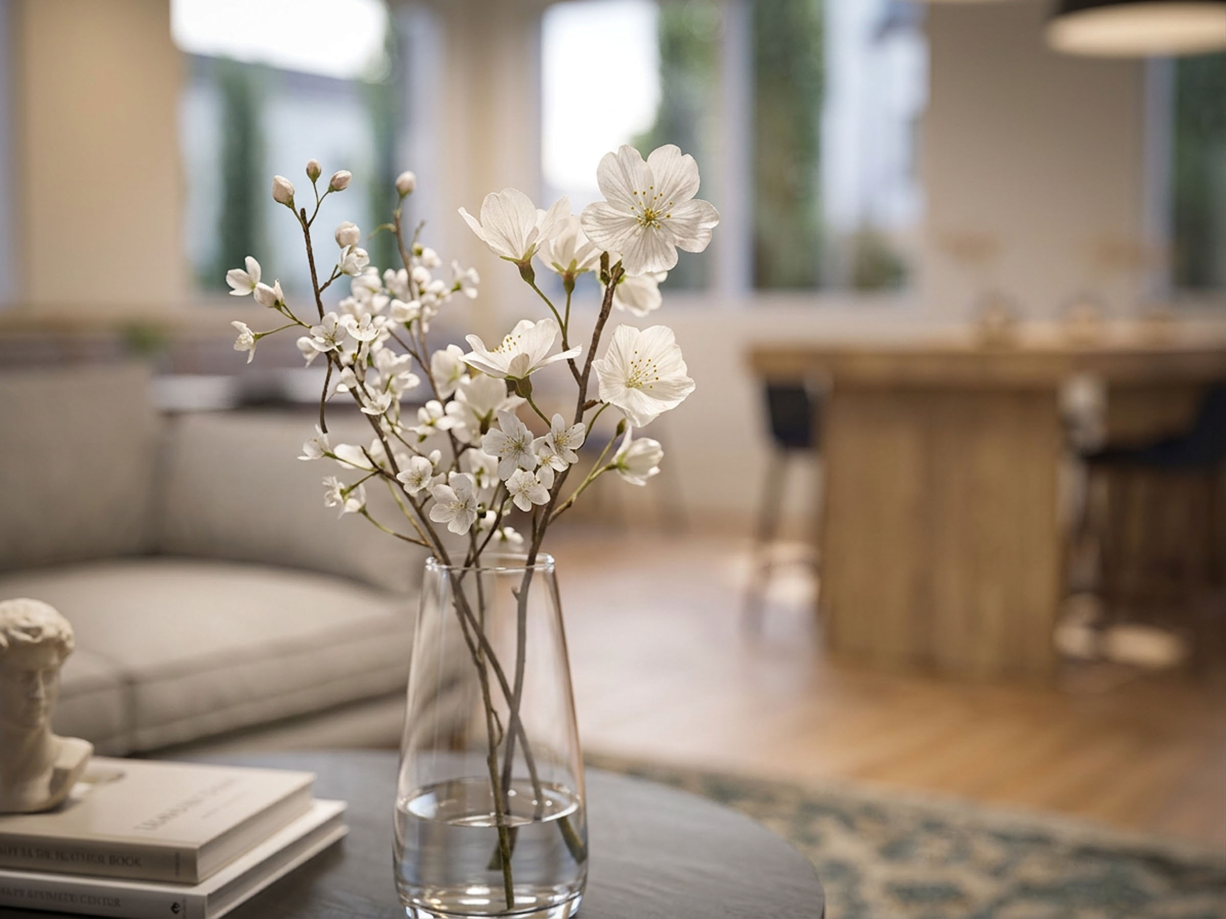 White flowers in a glass vase on a coffee table in a bright living room.