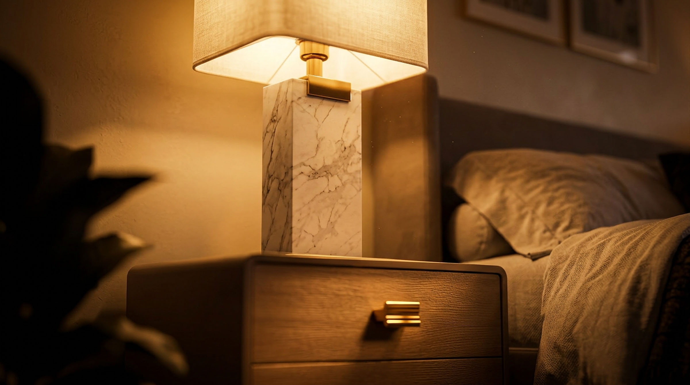 Warm bedside lamp on a nightstand beside a styled bed.