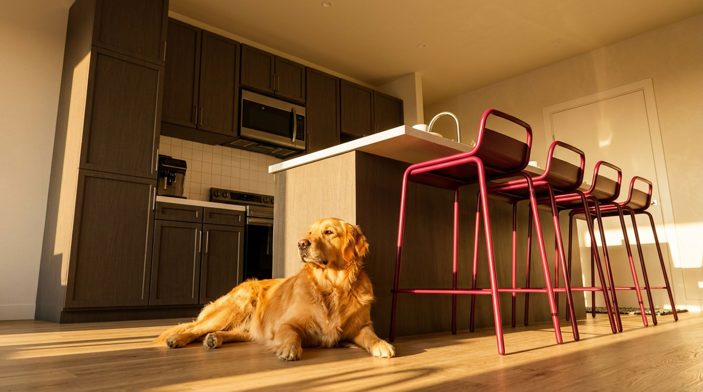 Dog resting beside a kitchen island with red bar stools.