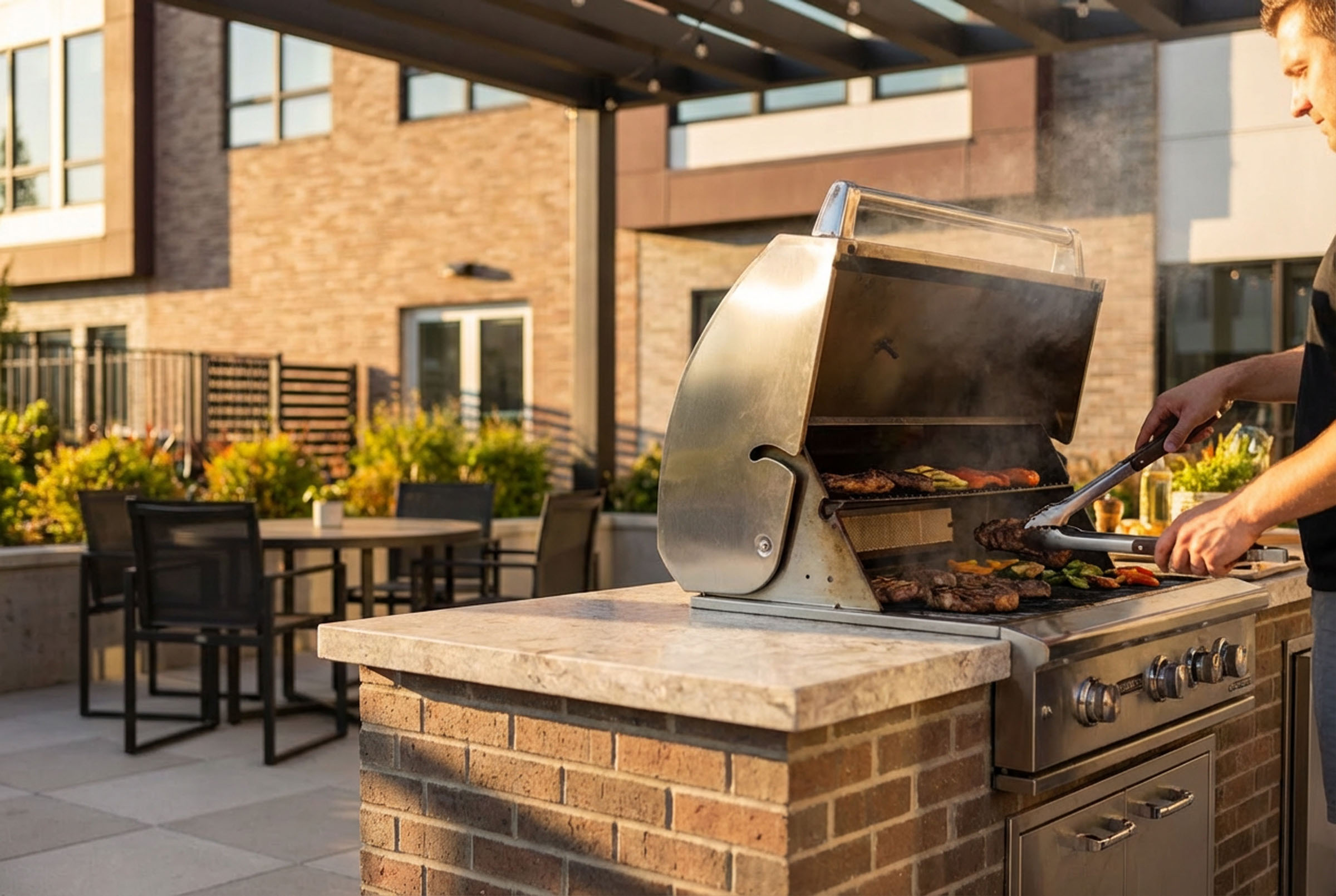 Outdoor grill station with food cooking in a residential amenity courtyard.