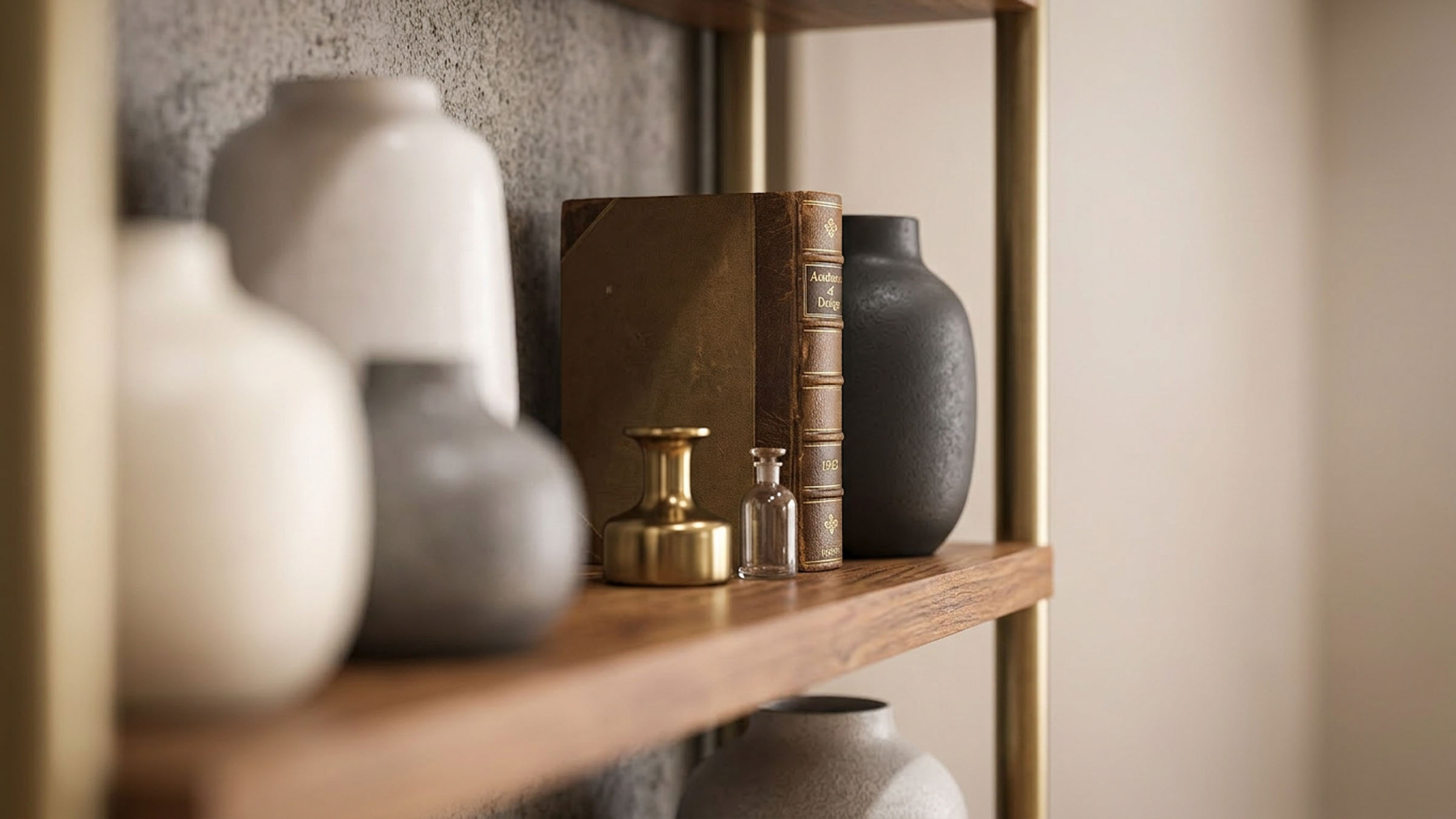 Neutral decor vases and books styled on an interior shelf.