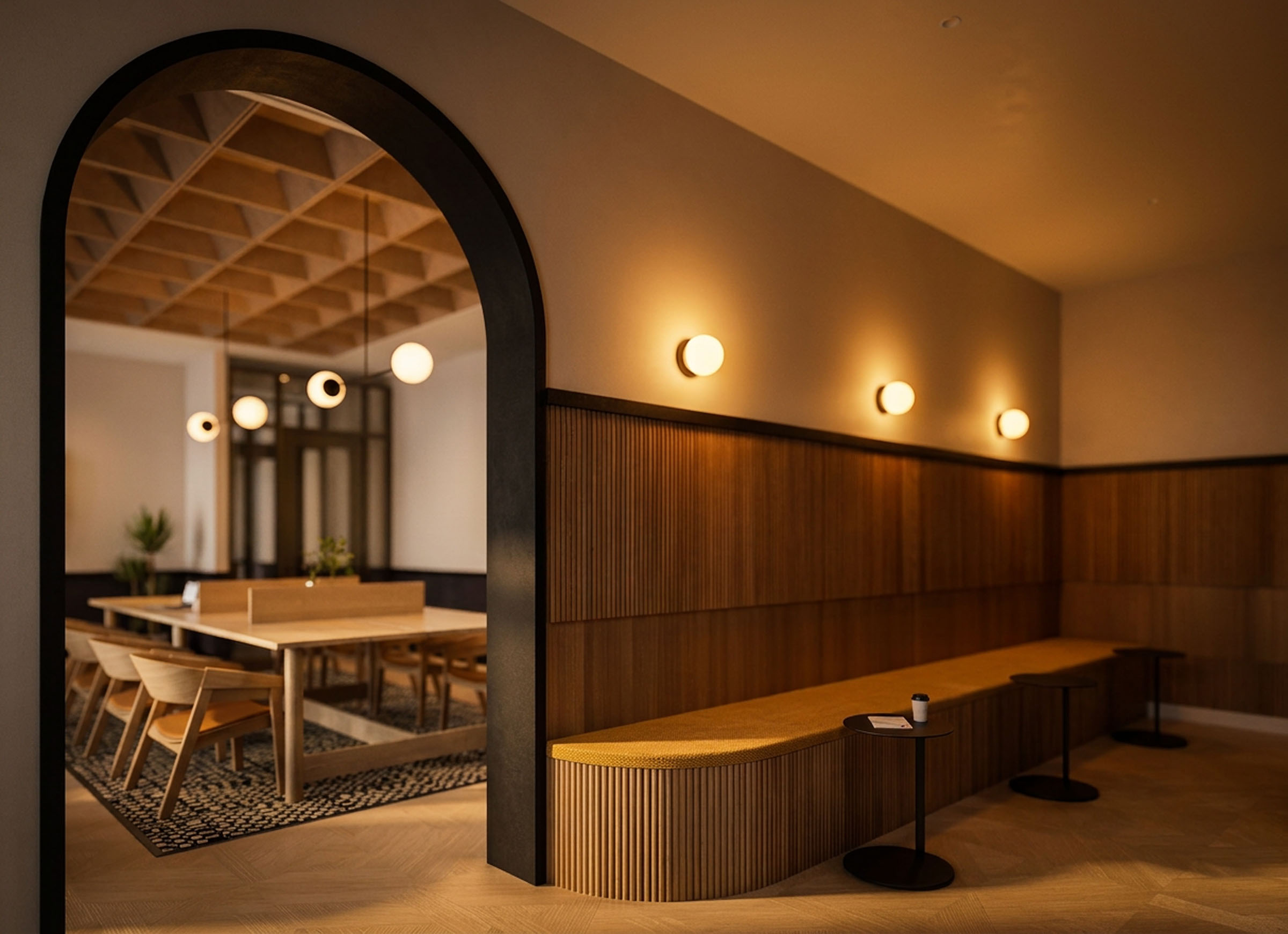 Warm clubhouse dining area with arched opening, booths, and wood details.