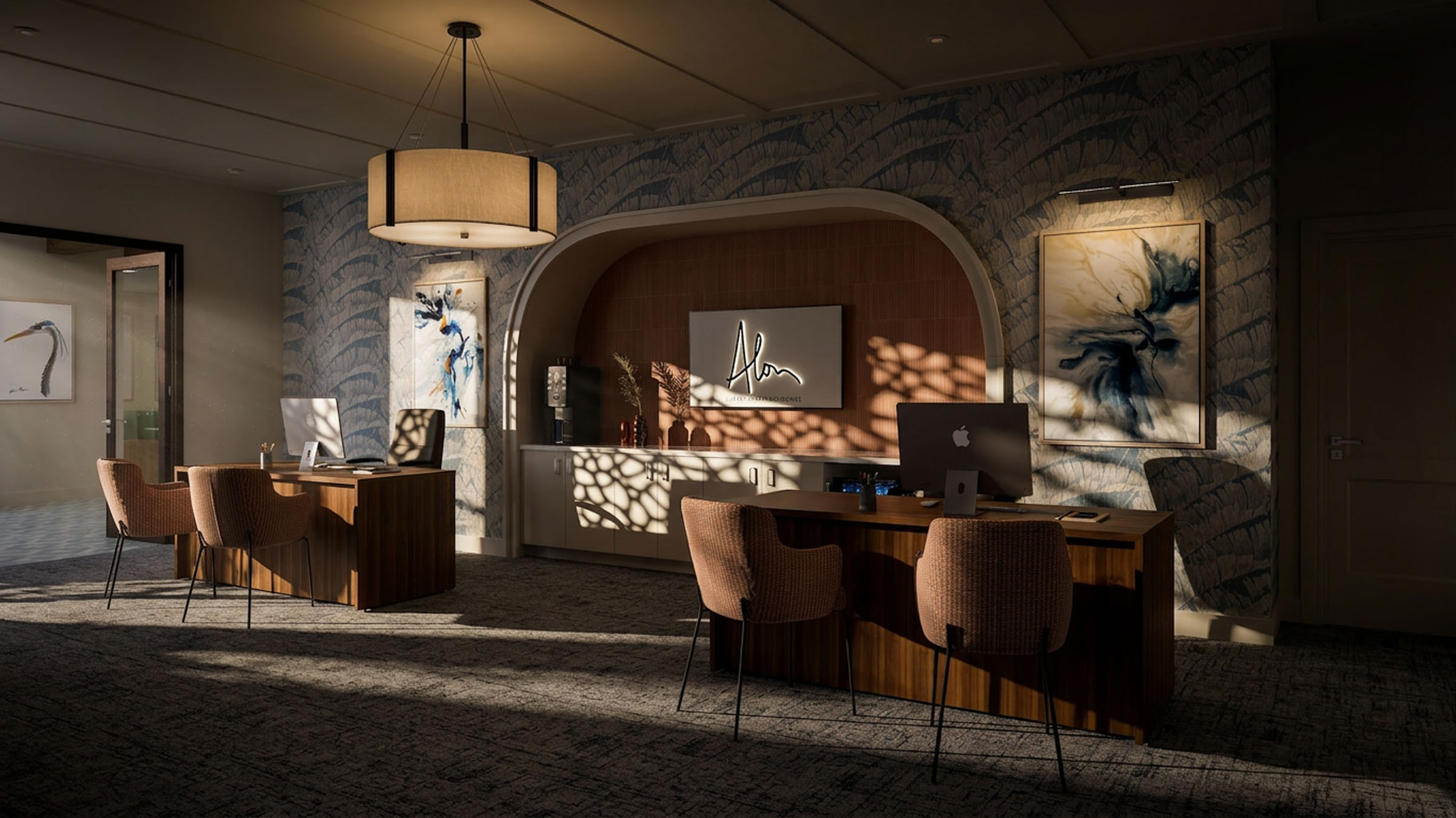 Private dining room with long table, pendant lights, and dark textured walls.