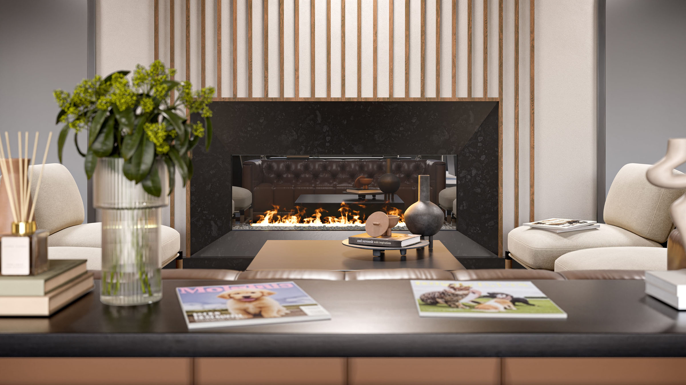 Modern living room with linear fireplace, coffee table, and soft neutral seating.