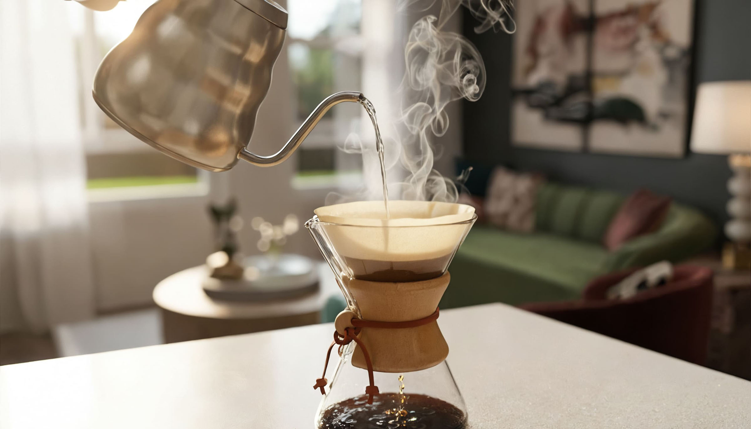 Coffee being poured through a glass dripper in a styled apartment kitchen.