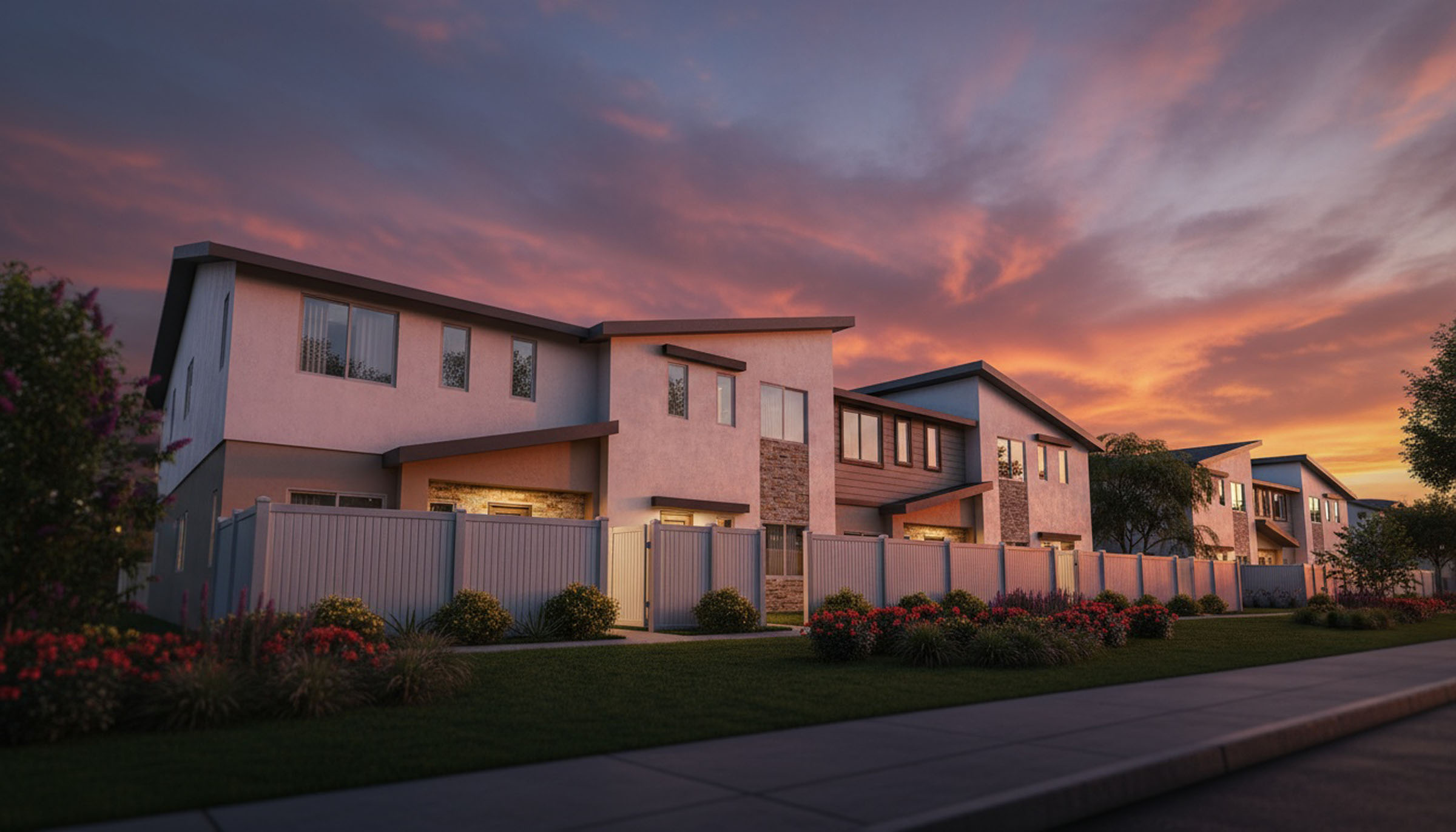 Row of modern townhomes at sunset with landscaped front yards.