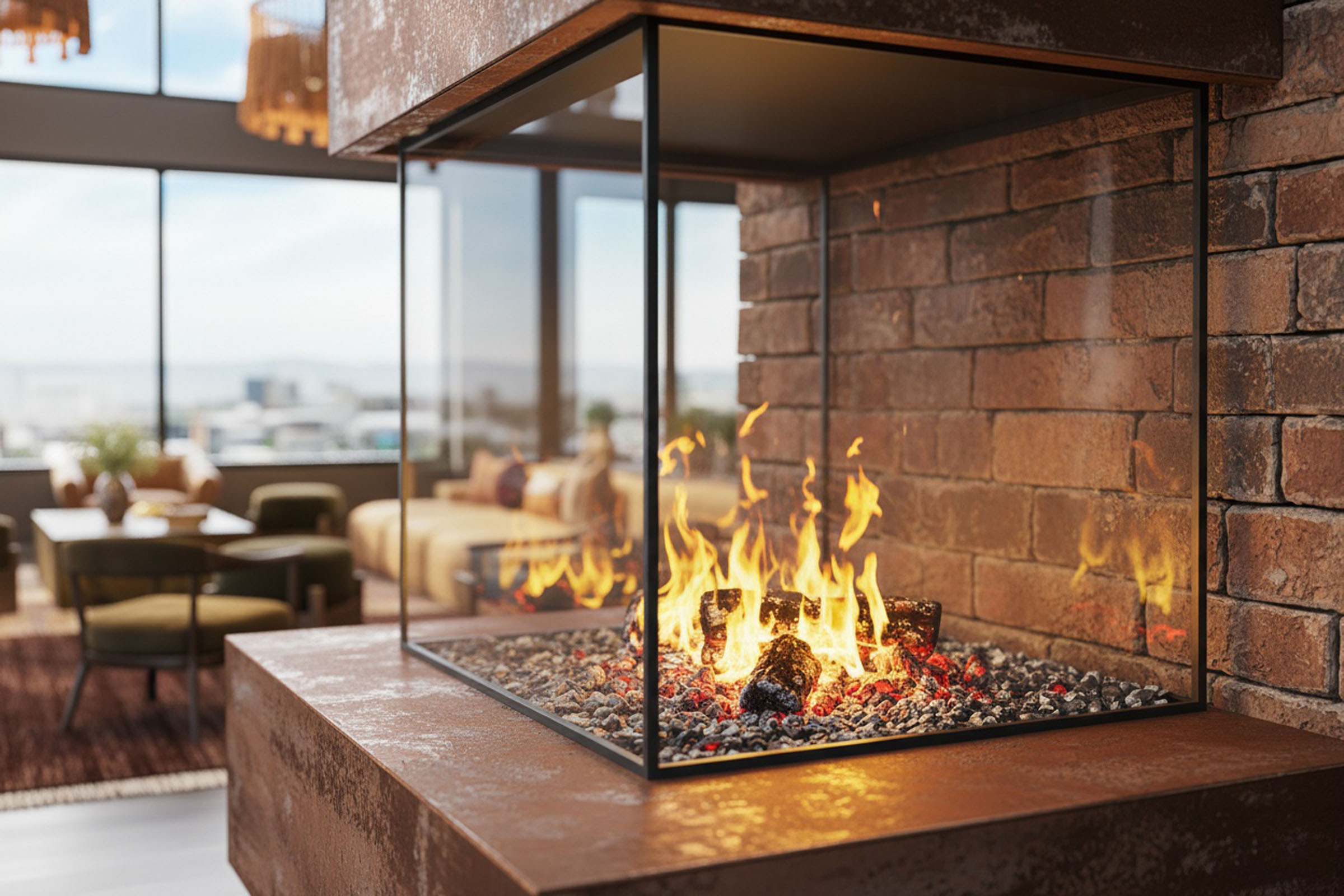 Close-up of a glass fireplace beside a dining lounge.