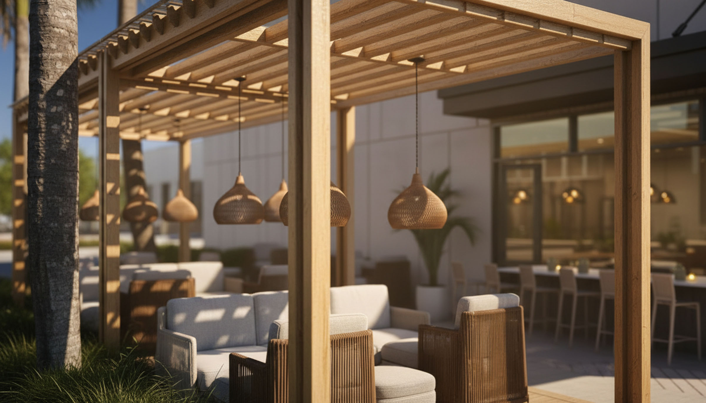 Outdoor covered patio lounge with fireplace, seating, and warm lighting.