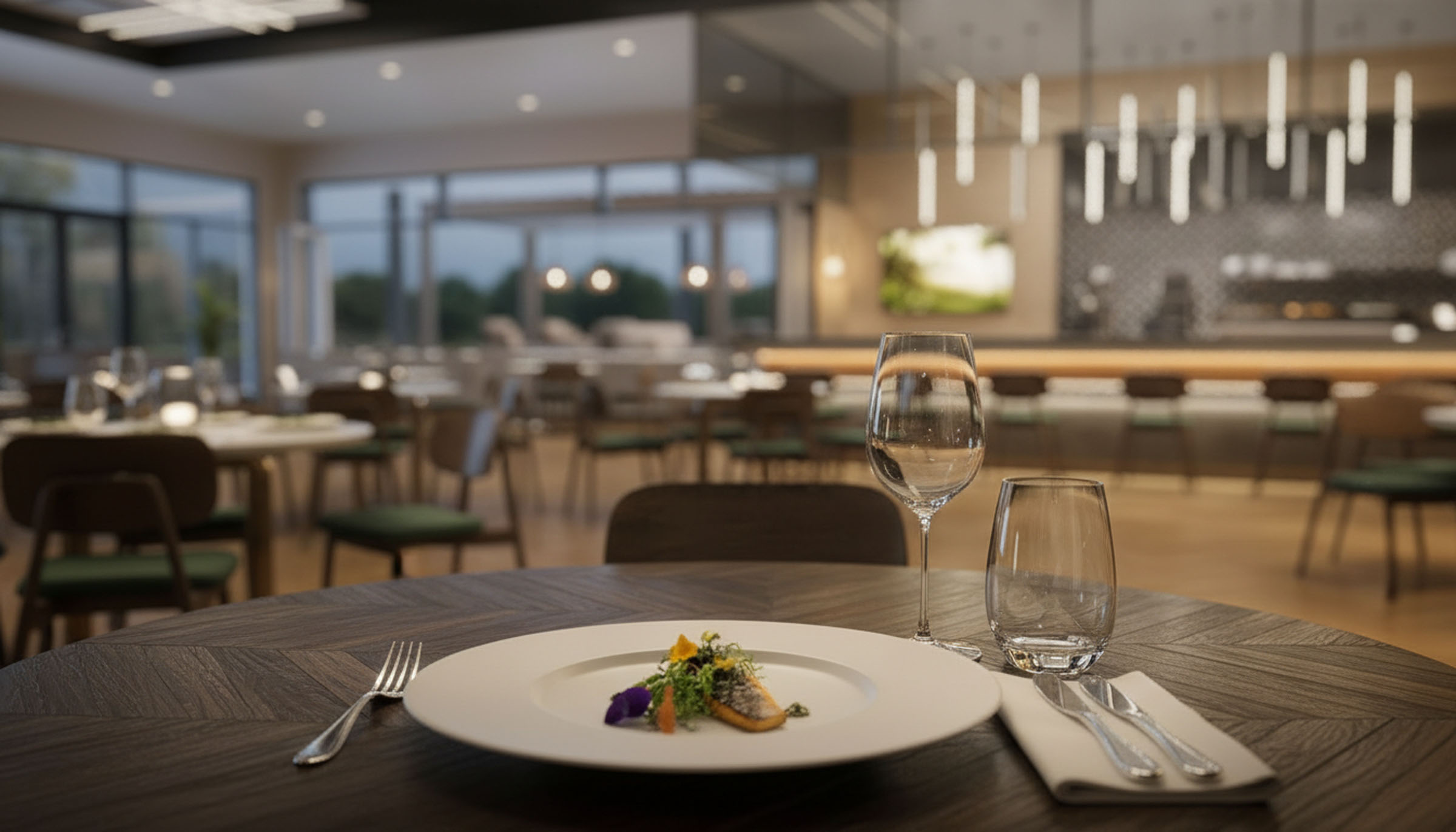 Dining table setting in an amenity kitchen and resident lounge.