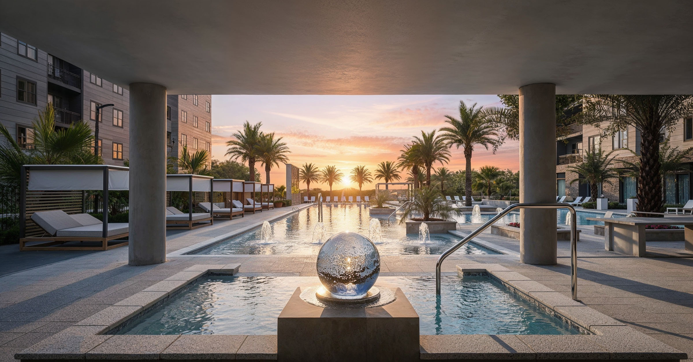 Resort-style pool courtyard framed by a covered breezeway.