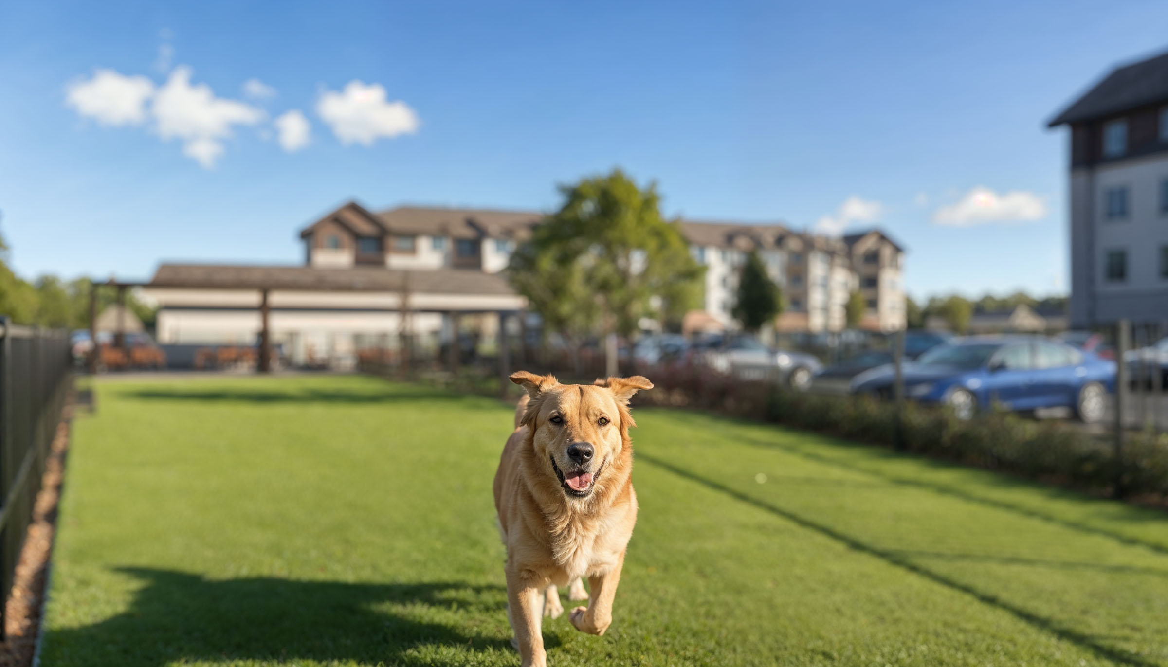 Dog running across a lawn near a multifamily pool and clubhouse.
