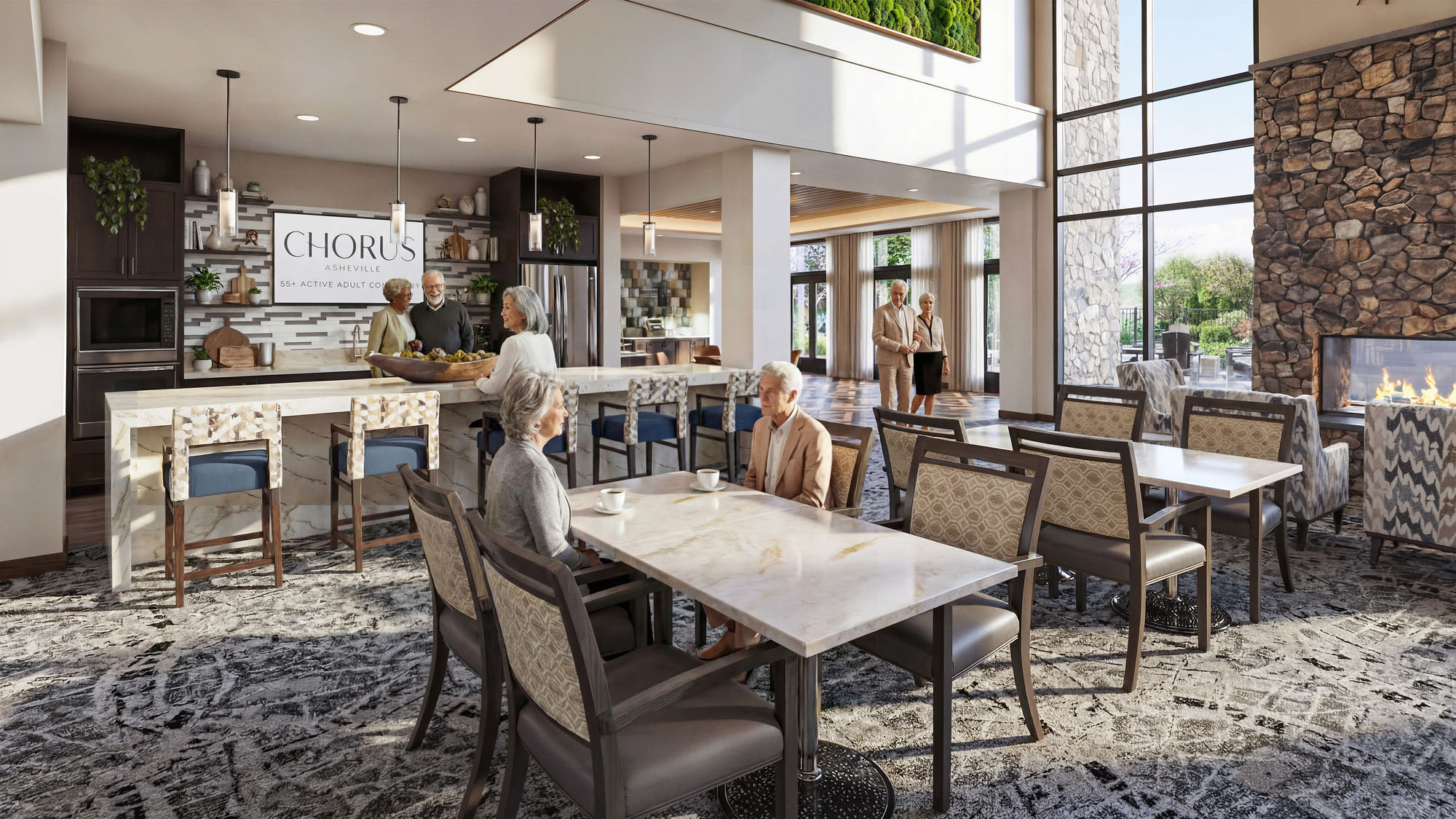 Chorus Asheville clubroom rendering with residents, open kitchen, fireplace lounge, and bright senior living amenity space
