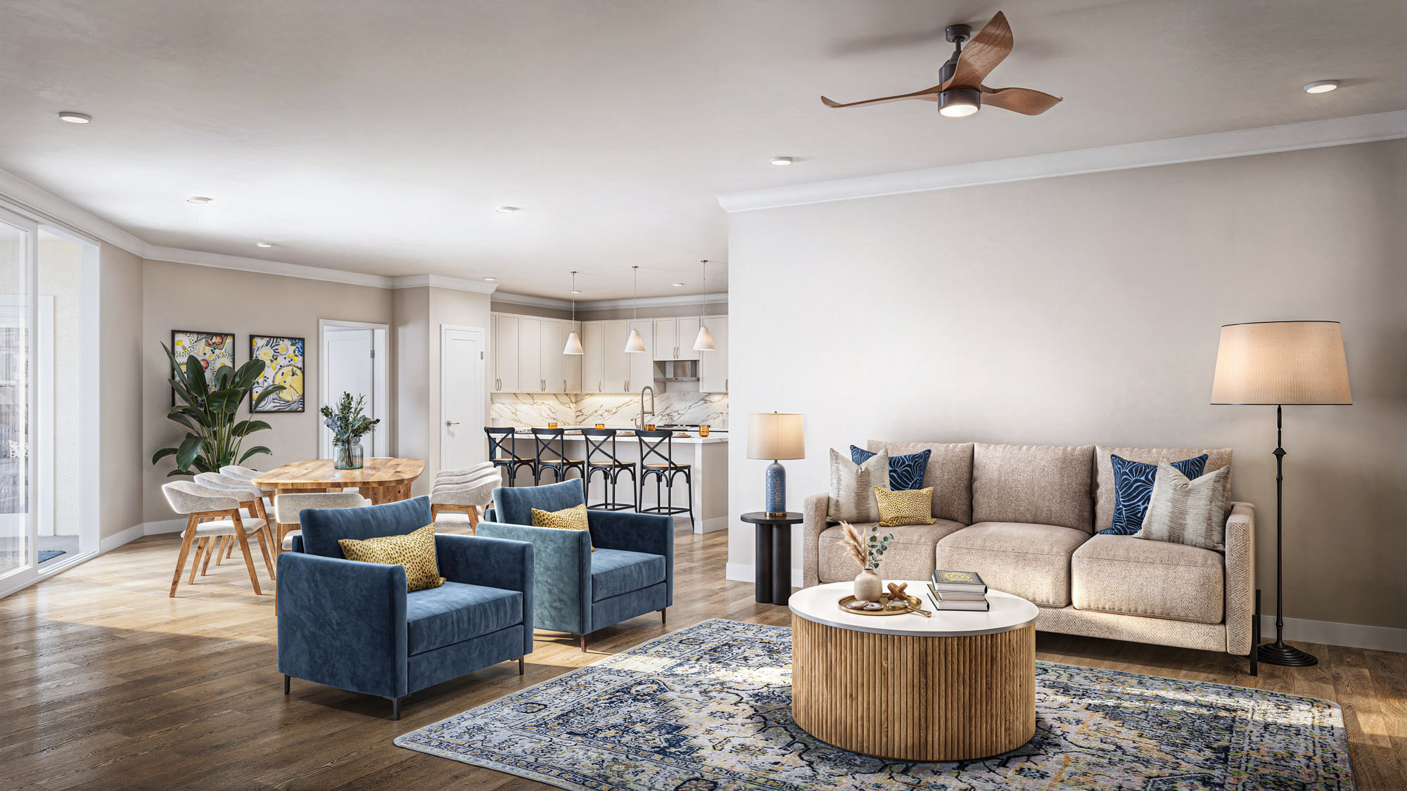 Interior rendering of a Terracotta Terrace model apartment living room with soft neutral decor.