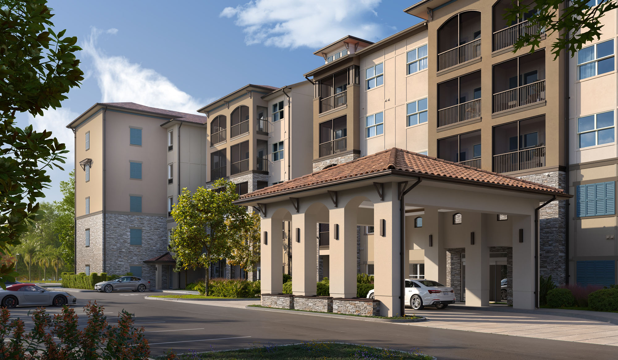 Exterior rendering of the Terracotta Terrace leasing entrance with warm lighting and residential architecture.