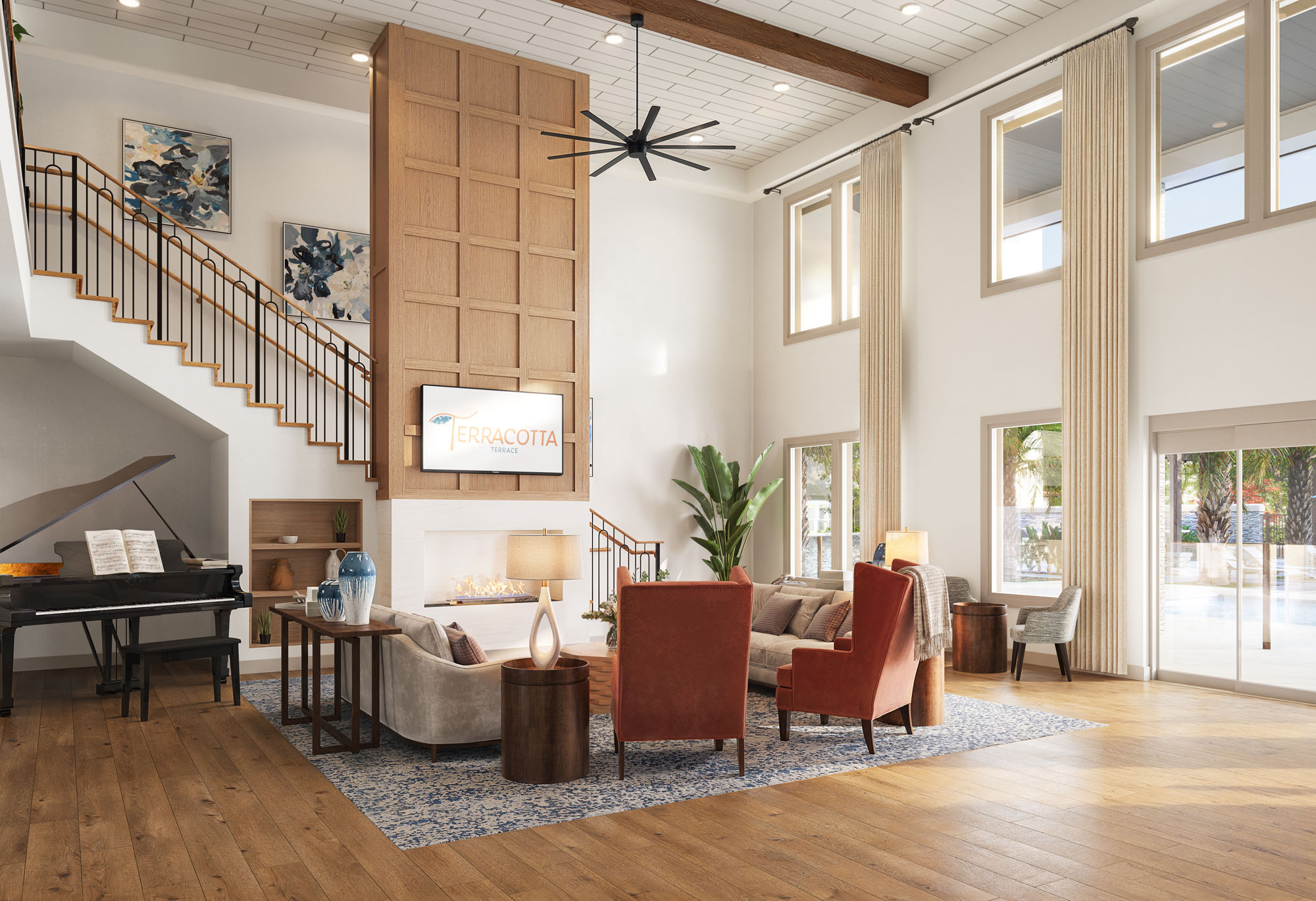 Interior rendering of a Terracotta Terrace clubhouse lounge with seating, fireplace, and open stair.