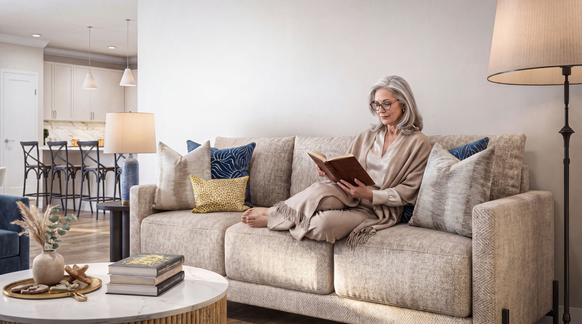 Vibe Content image of a resident relaxing on a sofa in a styled apartment living room.