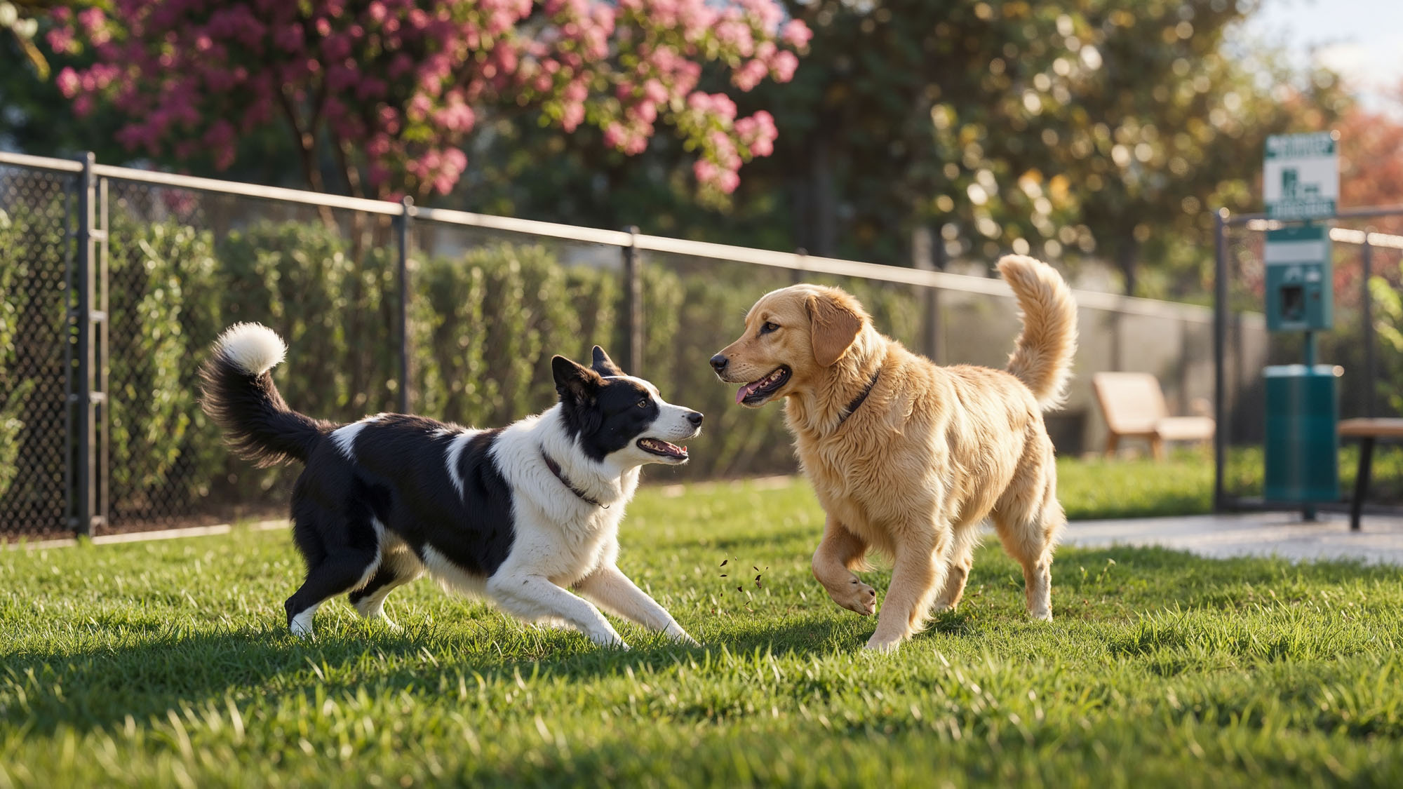 Lifestyle rendering of two dogs playing on the lawn at Terracotta Terrace.