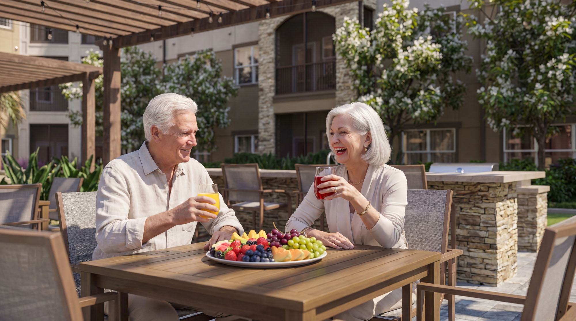 Vibe Content image of residents dining outdoors in a landscaped courtyard at Terracotta Terrace.