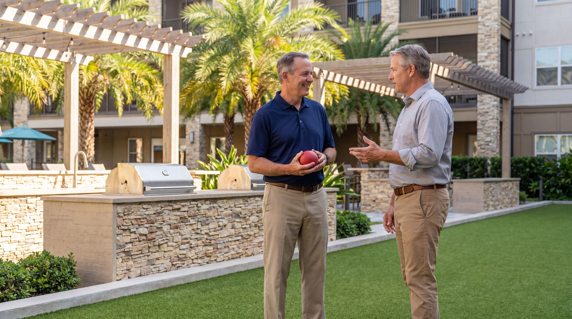 Vibe Content image of two residents walking through a landscaped outdoor amenity area.
