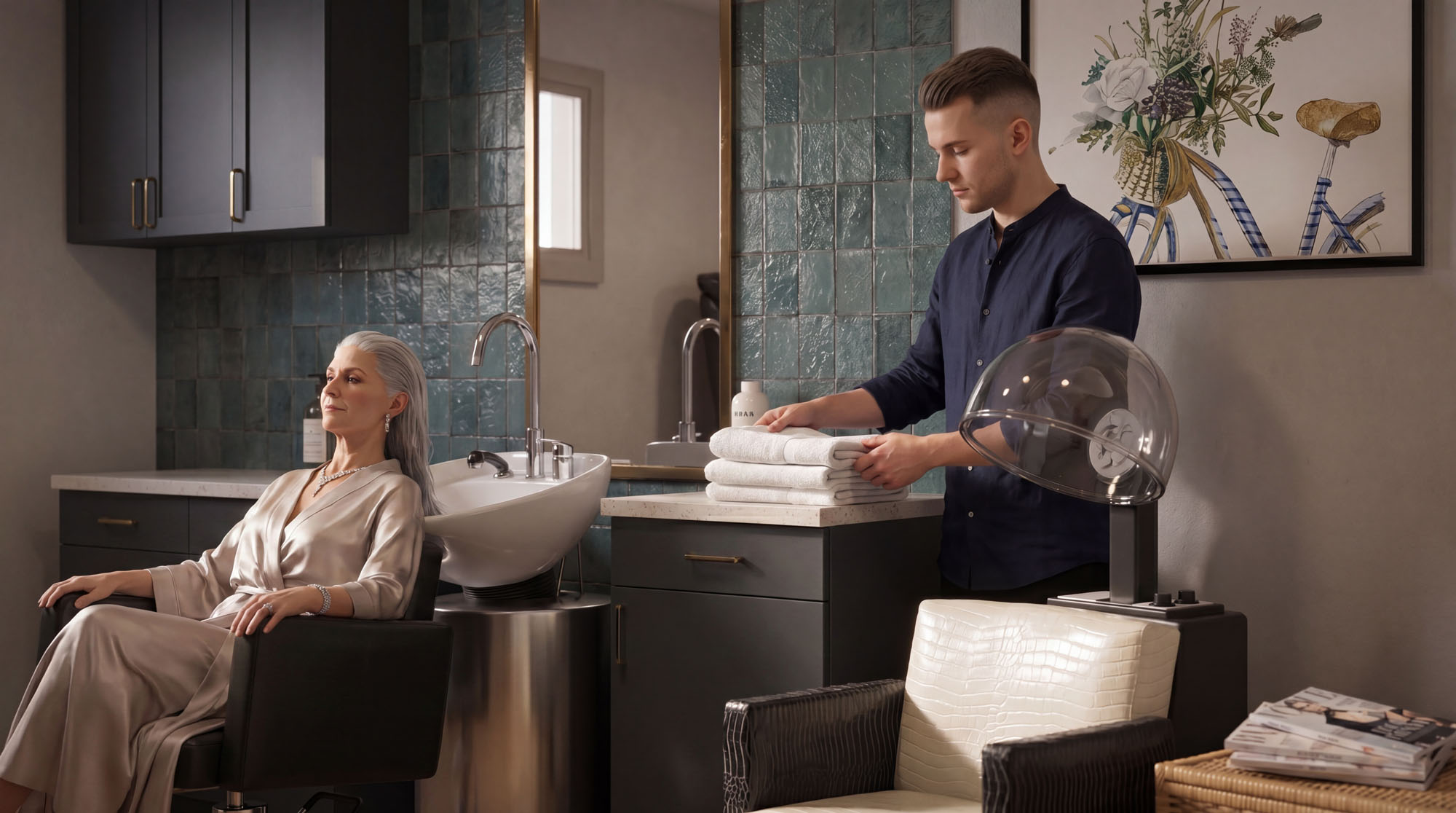 Lifestyle rendering of residents relaxing in a clubhouse lounge with warm evening lighting.