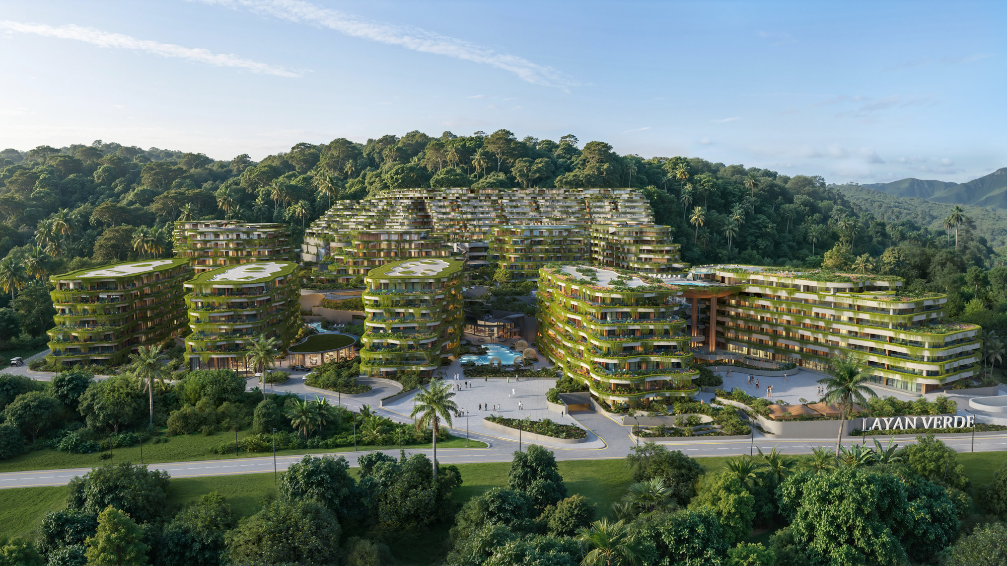 Aerial view of Verde resort and tropical landscape