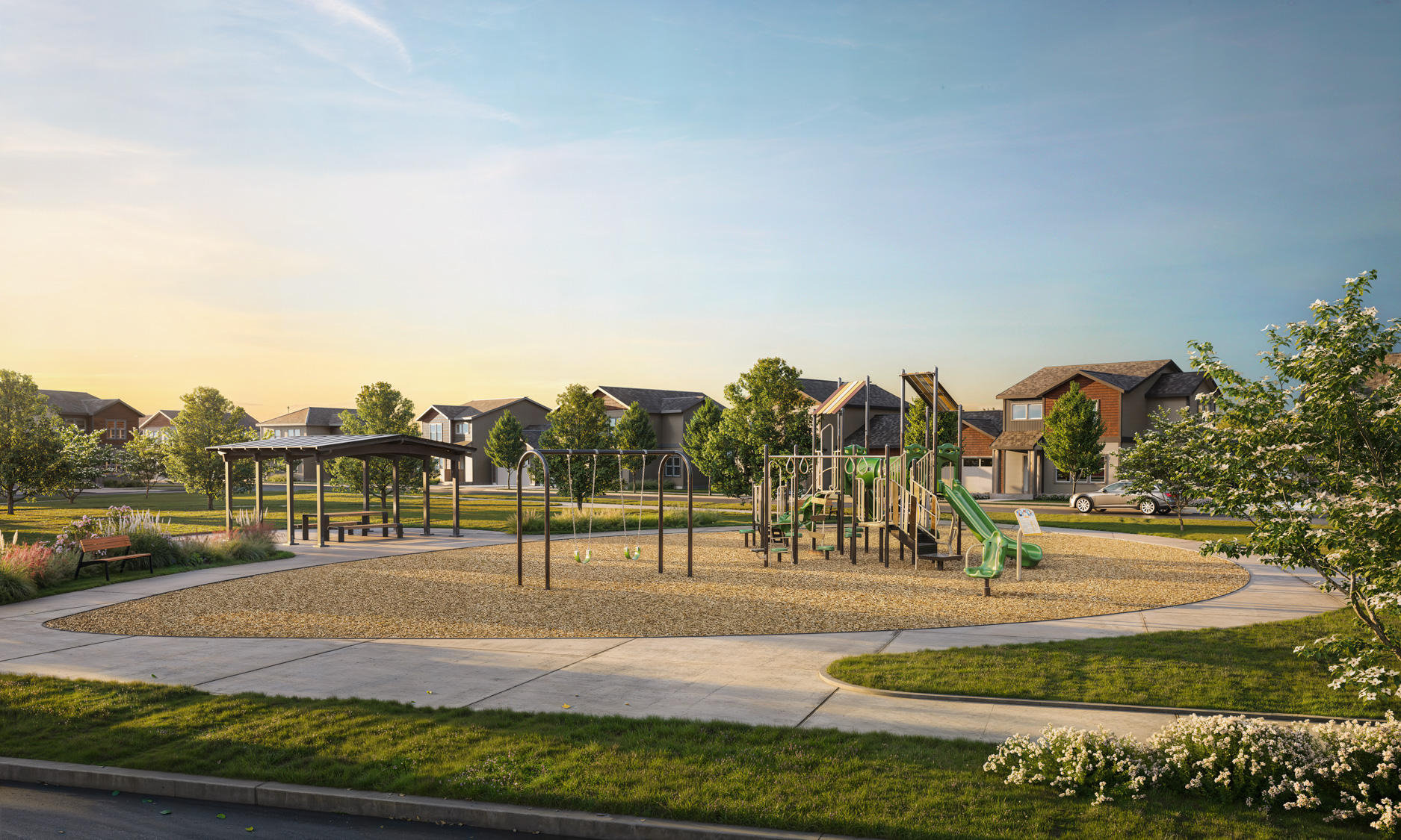 Meriwether Landing streetscape rendering with tree-lined homes and open green space - Washington, USA
