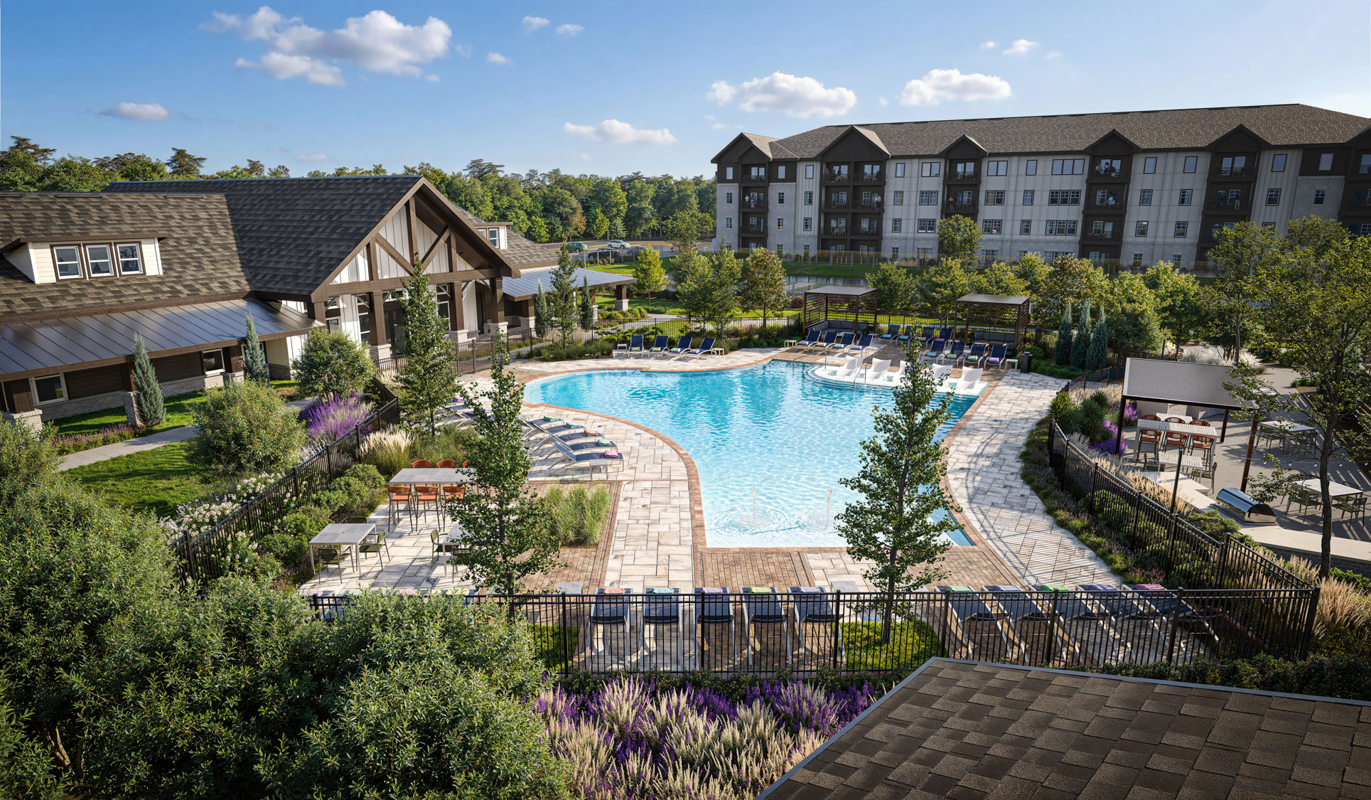 Spectrum Indian Trail aerial rendering of pool deck and clubhouse - Indian Trail, North Carolina