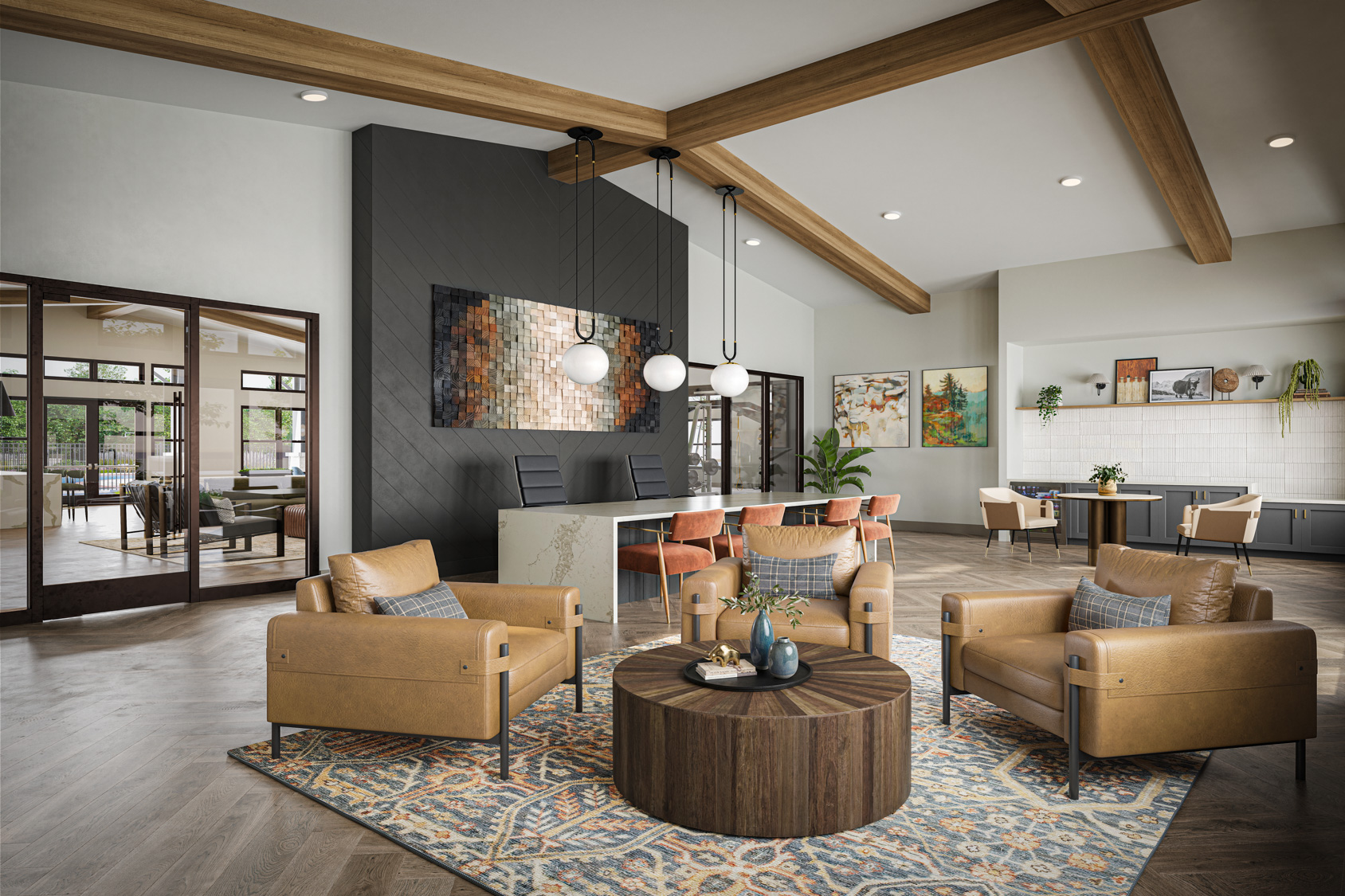 Spectrum Indian Trail clubhouse lounge rendering with fireplace and lounge seating - Indian Trail, North Carolina