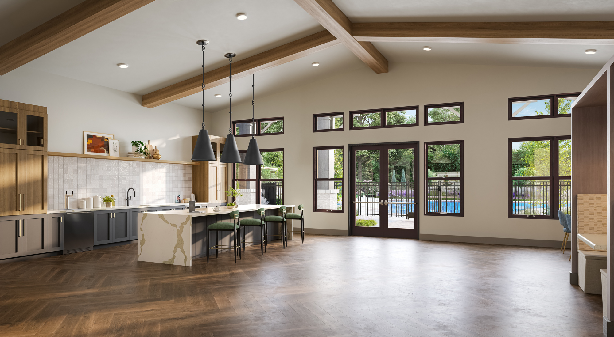 Spectrum Indian Trail clubhouse interior rendering with vaulted wood ceiling and open kitchen - Indian Trail, North Carolina