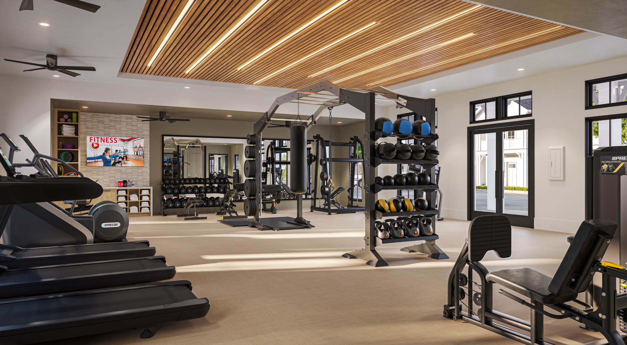 Valora Cottages fitness center rendering with cardio and strength equipment - Crestview, Florida
