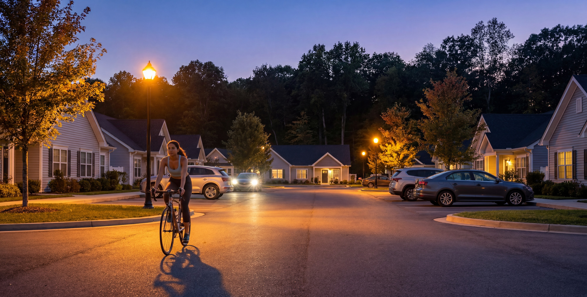 Valora Cottages vibe shot of the community street lit at dusk - Crestview, Florida