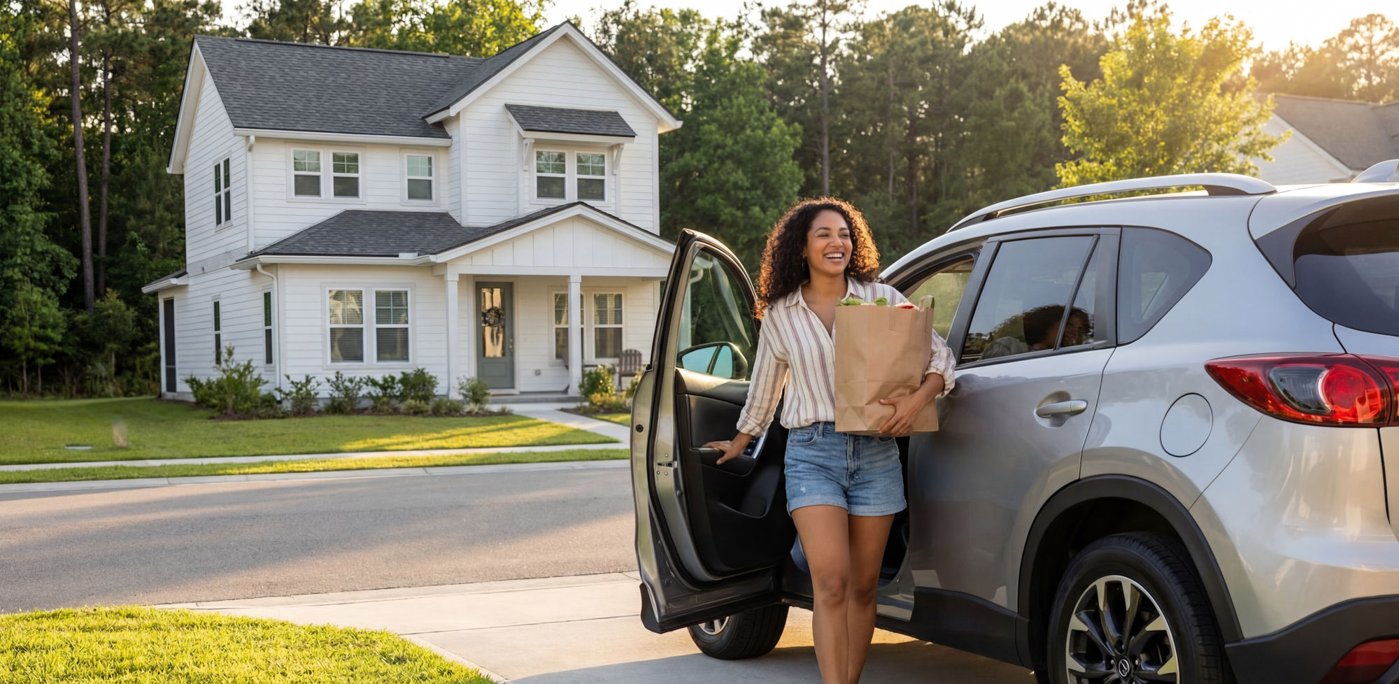 Valora Cottages vibe shot of a resident by her car in the driveway - Crestview, Florida