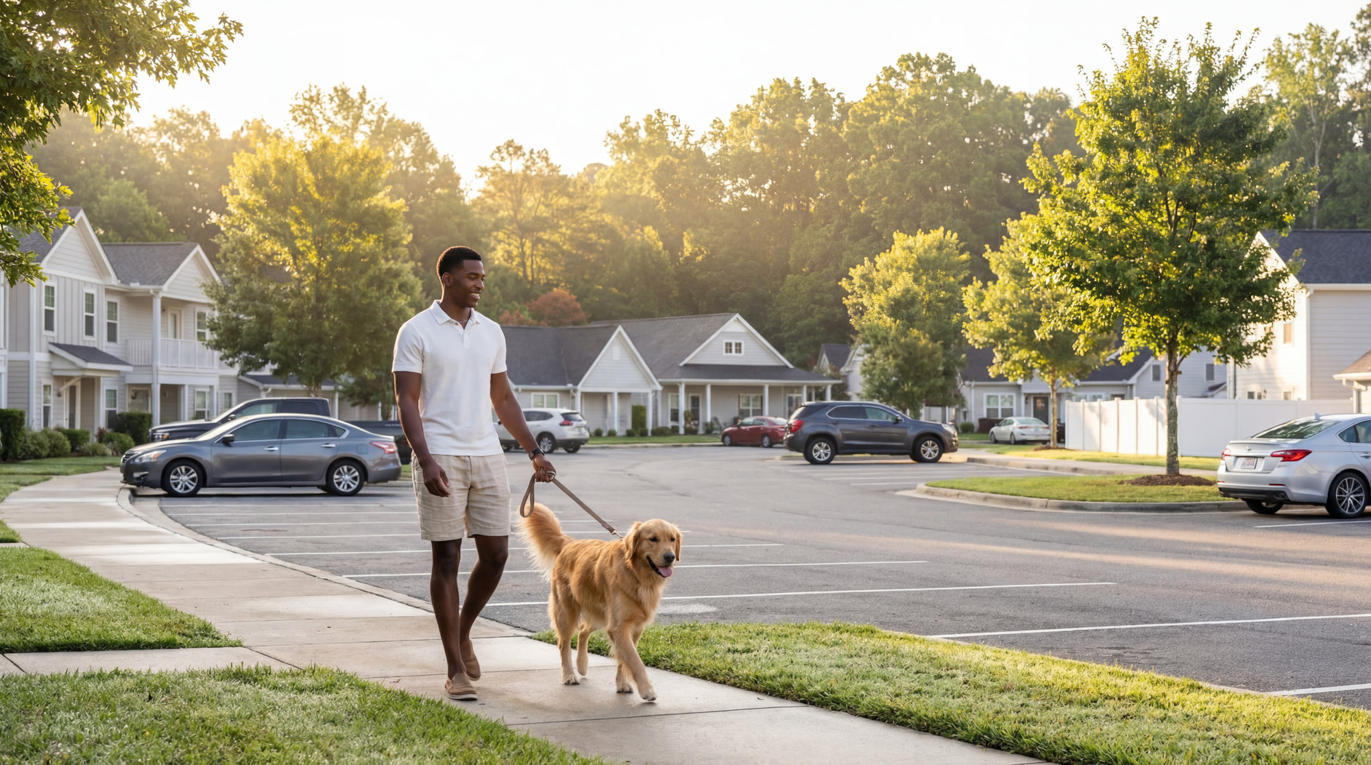 Valora Cottages vibe shot of a resident walking a dog along the street - Crestview, Florida