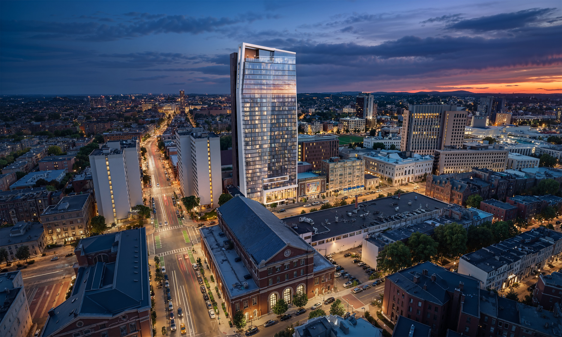 Lyra aerial rendering of Boston skyline at golden hour - Boston, Massachusetts
