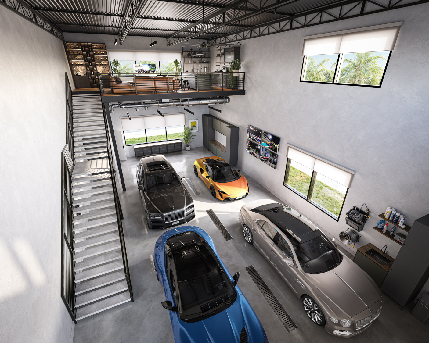 The Foundry of Bonita interior rendering of a car condo unit and workspace - Bonita Springs, Florida