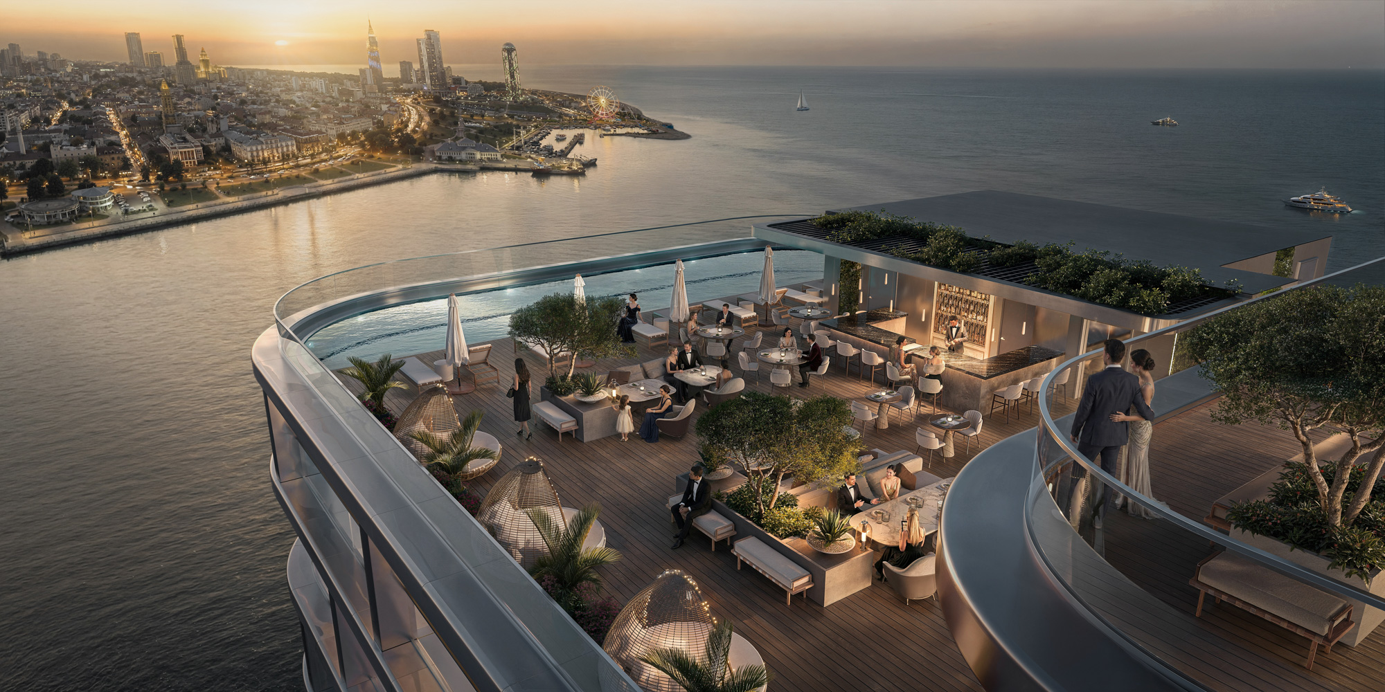 Ambassadori Island rendering of the coastline and tower at dusk - Batumi, Georgia